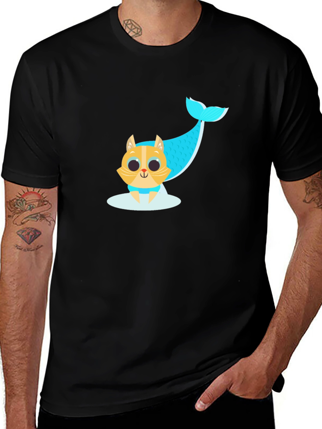 Variant 10 of Cute Cat Mermaid Graphic Tee - Black