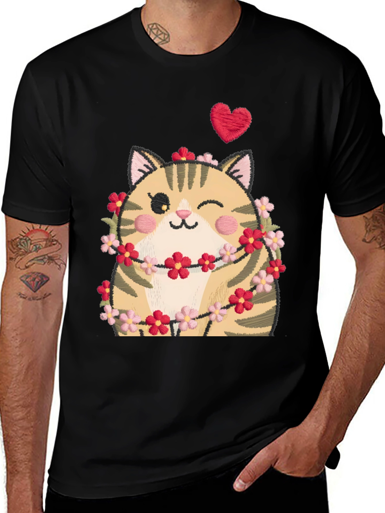 Variant 5 of Cute Cat in Flowers Black T-Shirt