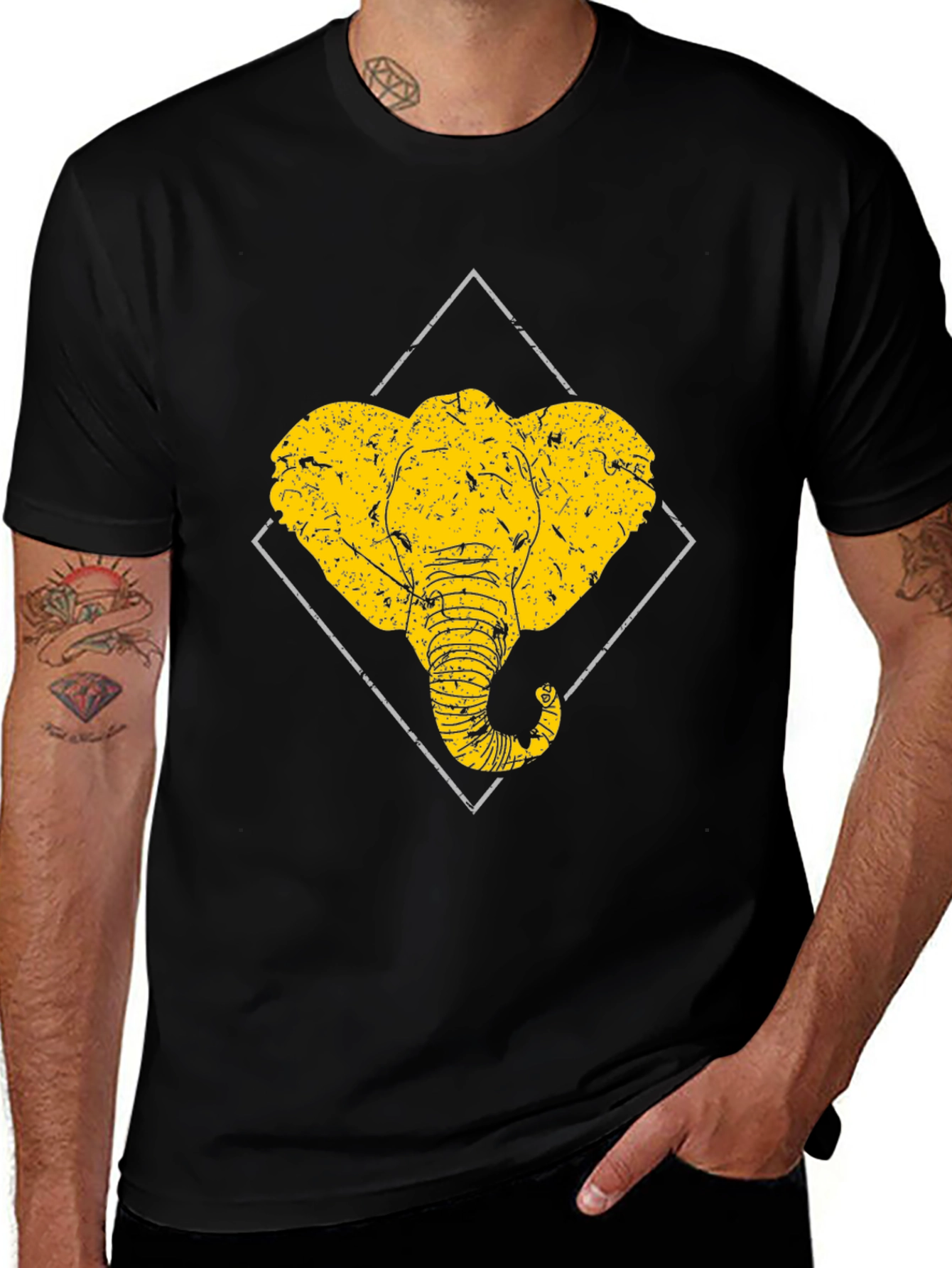 Variant 22 of Elephant Graphic Tee - Distressed Design, Black Cotton