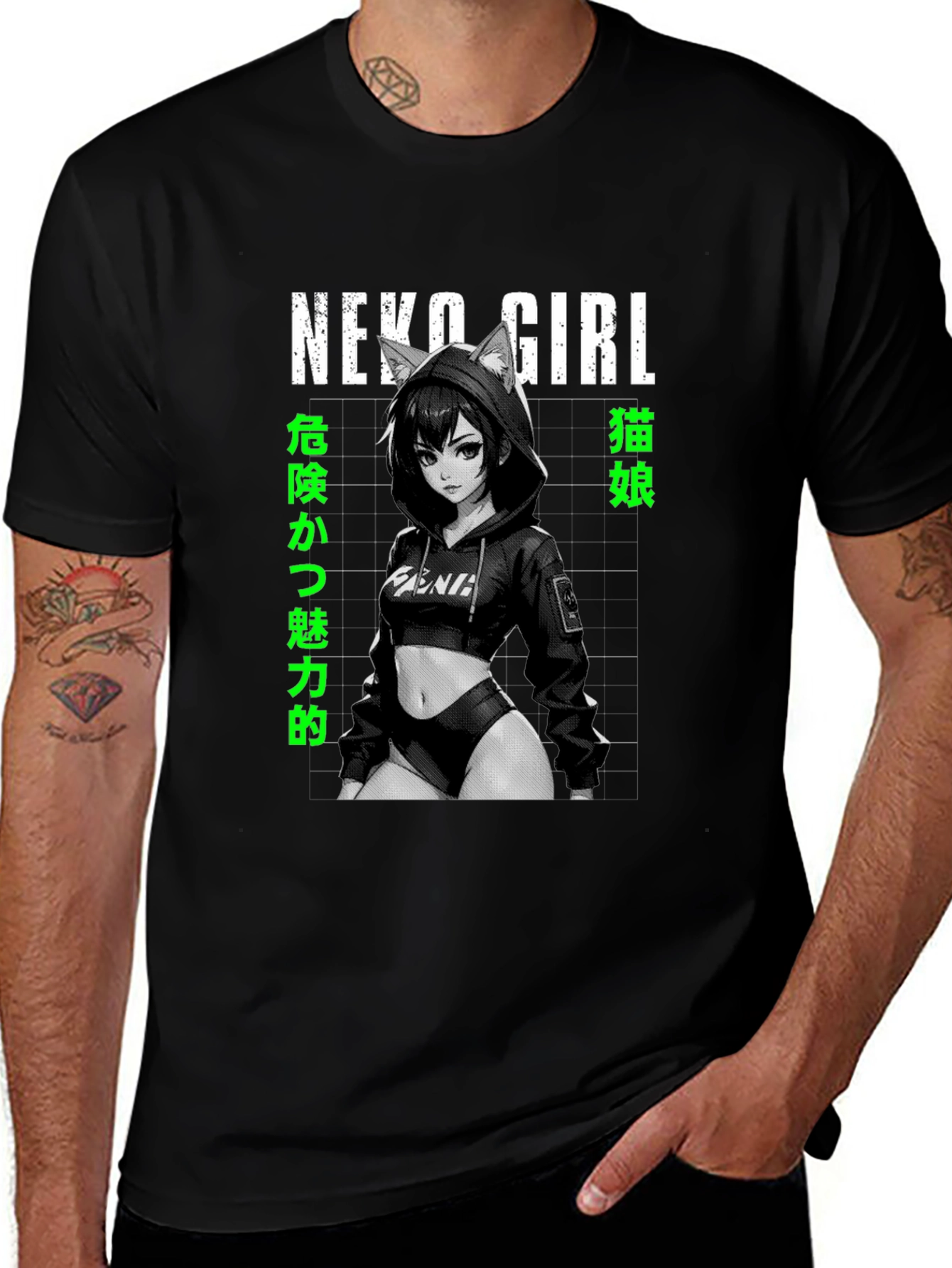 Neko Girl Anime Graphic T-Shirt - Black