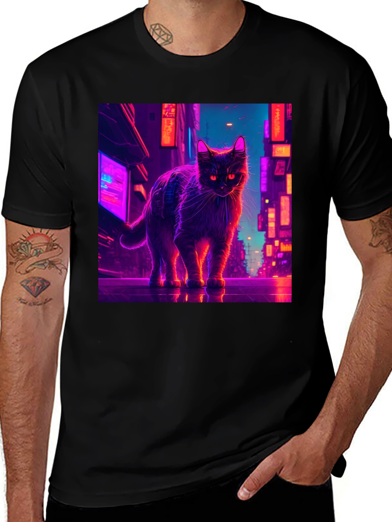 Variant 3 of Neon Cyberpunk Cat Graphic T-Shirt