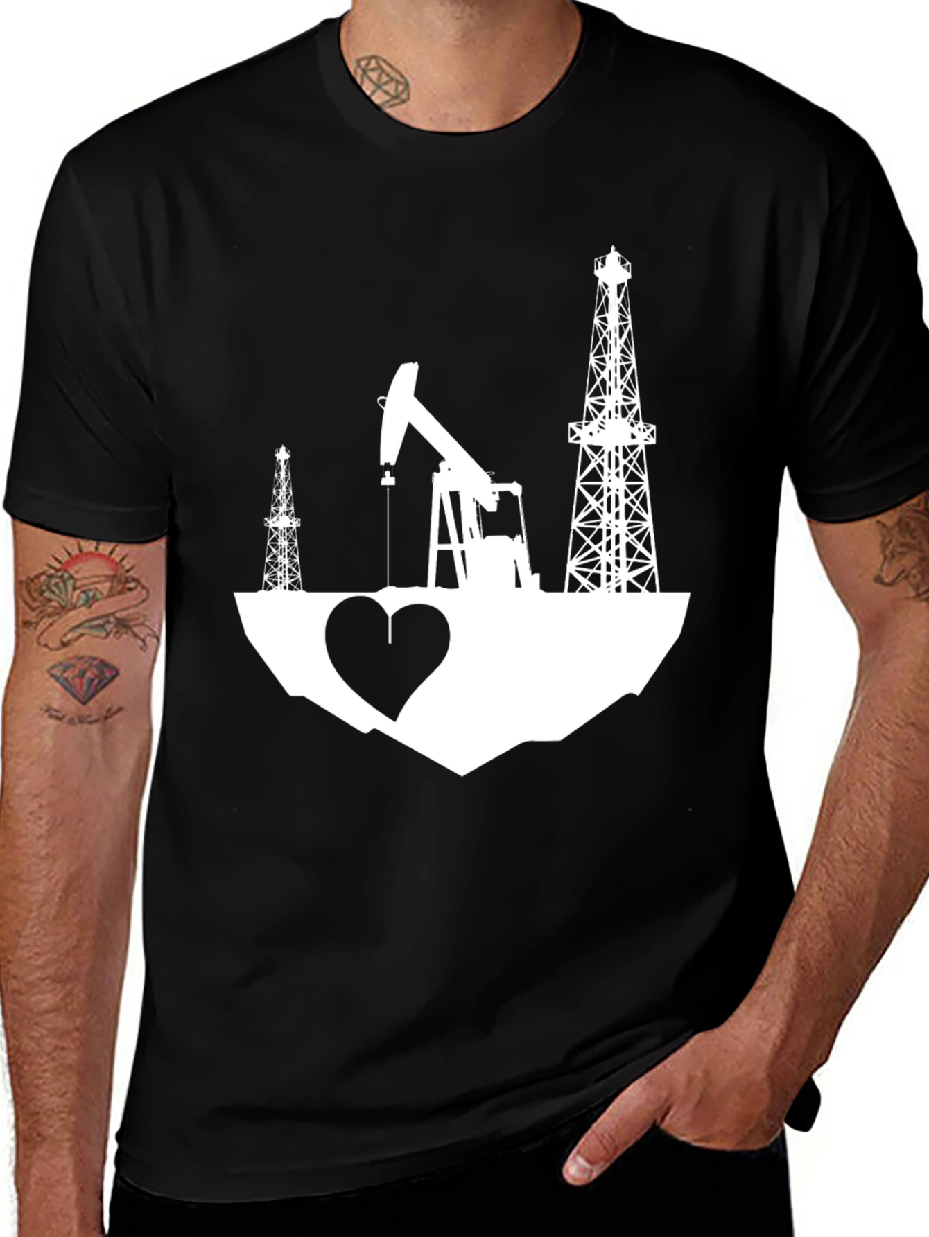 Variant 7 of Oil Rig Heart Graphic Tee - Black Crew Neck