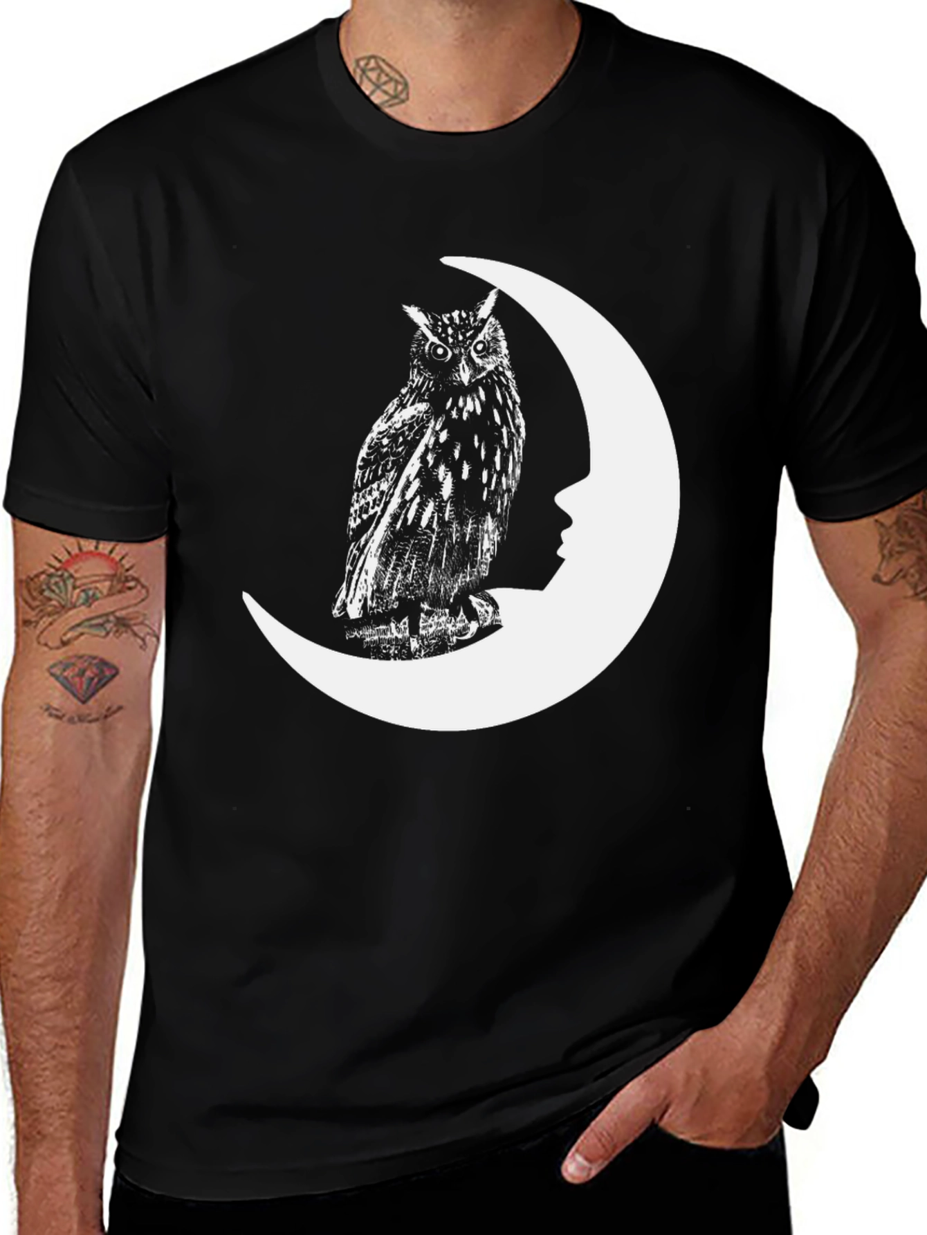 Variant 13 of Owl Moon Face Graphic Tee - Black Cotton T-Shirt