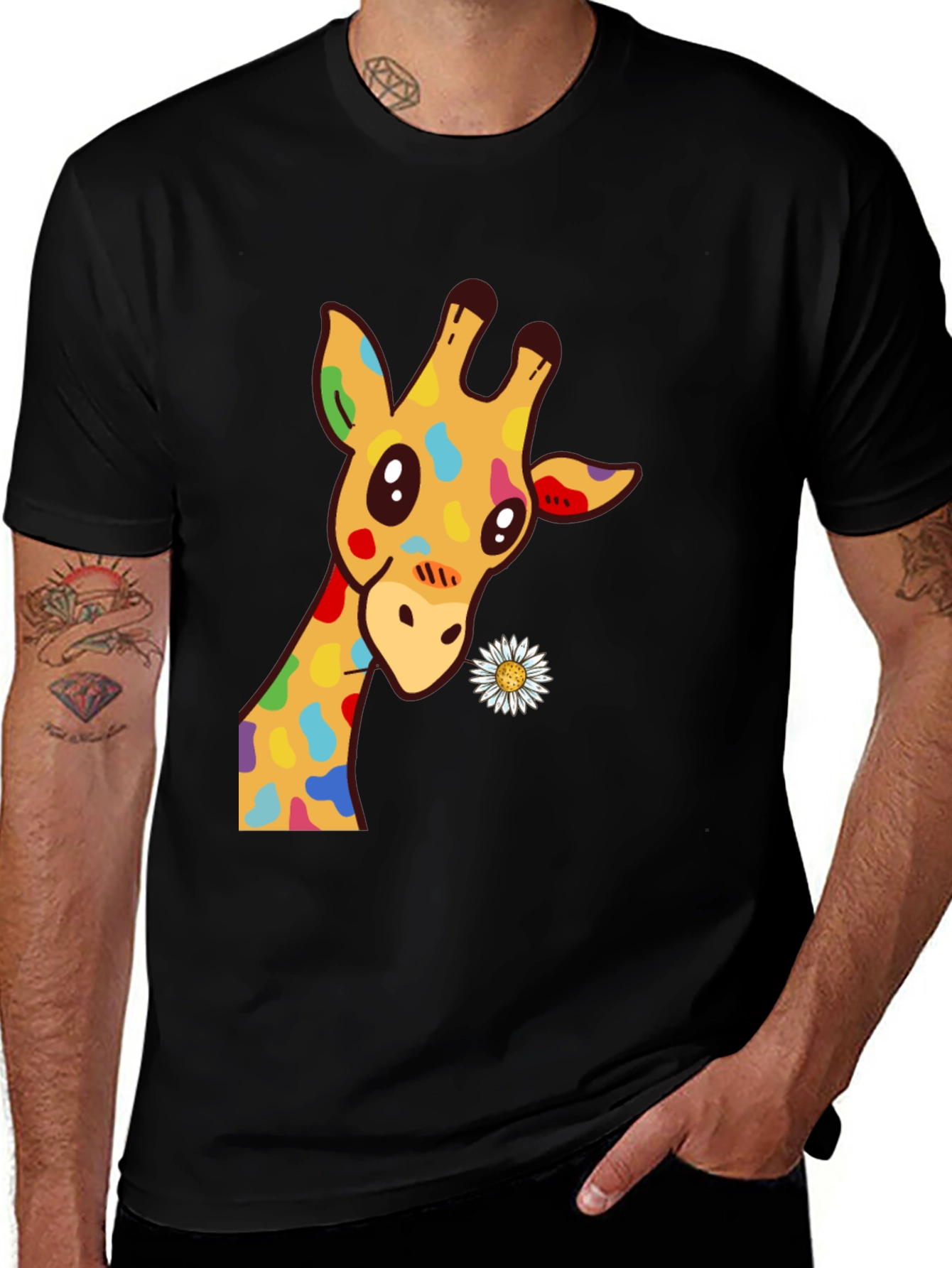 Variant 27 of Giraffe Flower T-Shirt - Black Cotton Graphic Tee