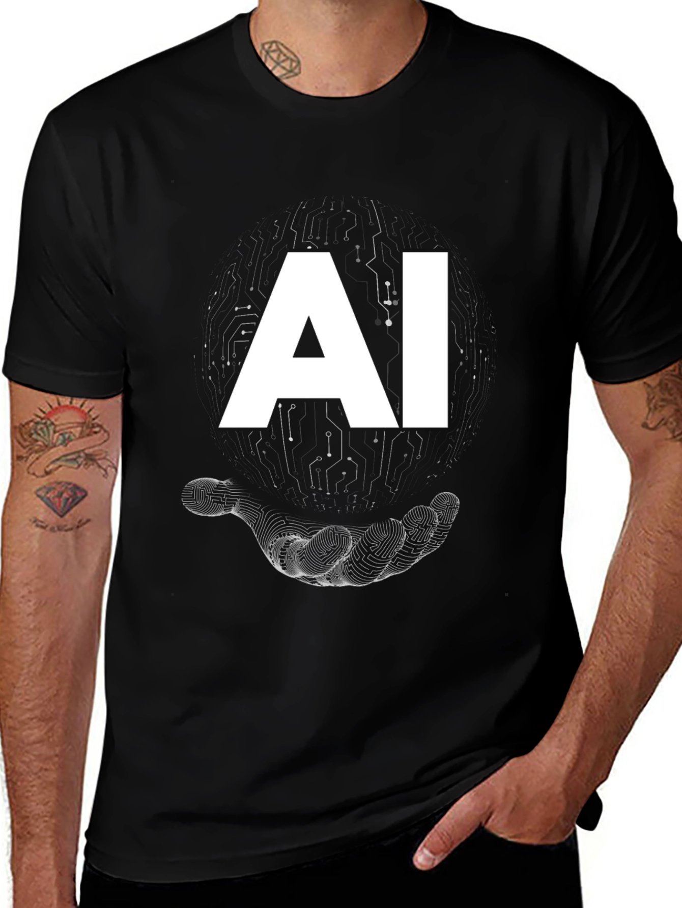 AI Circuit Hand Graphic T-Shirt - Modern Tech Style