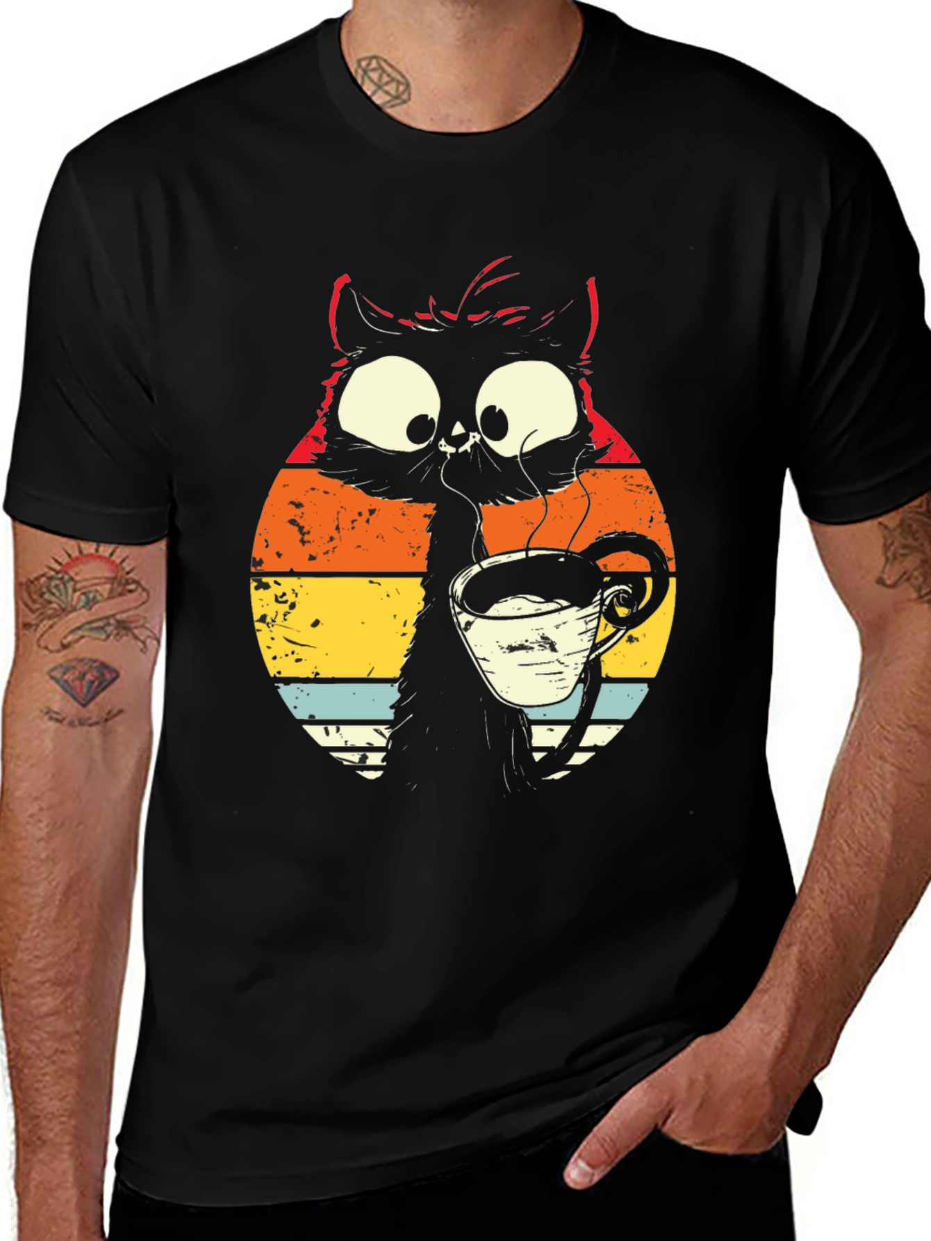 Variant 16 of Retro Cat Coffee T-Shirt - Black Graphic Tee