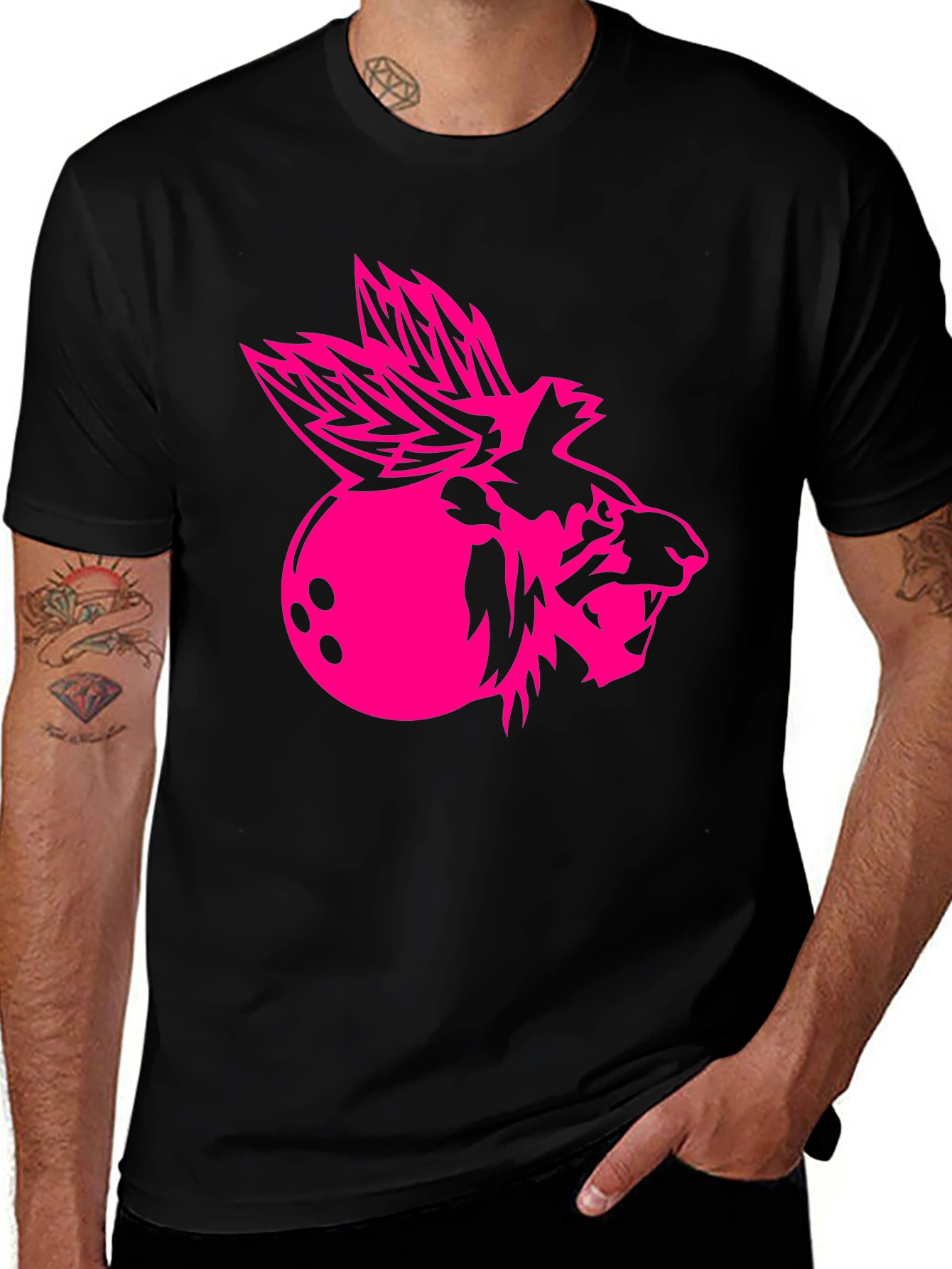 Variant 25 of Cool Black Graphic Tee - Pink Bowling Lion
