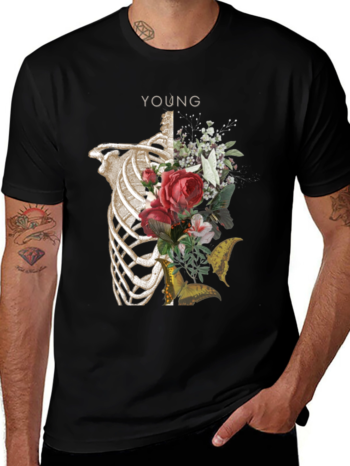 Variant 17 of Floral Rib Cage Graphic Tee - Young Skeleton Design