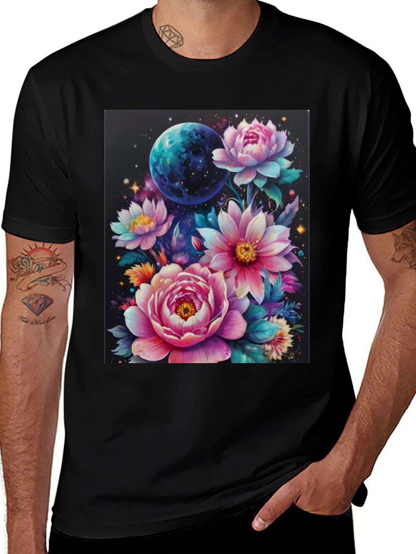 Variant 5 of Floral Galaxy T-Shirt: Space & Bloom Fusion