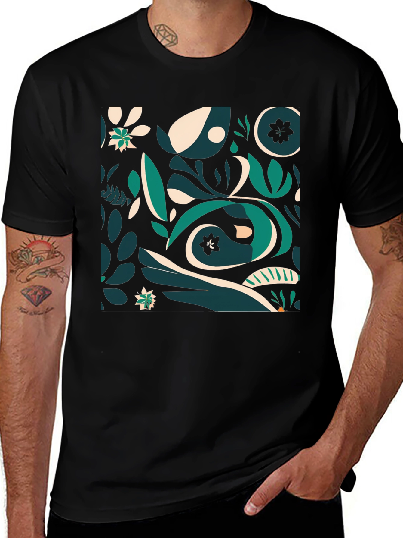 Variant 18 of Abstract Botanical Print Black T-Shirt