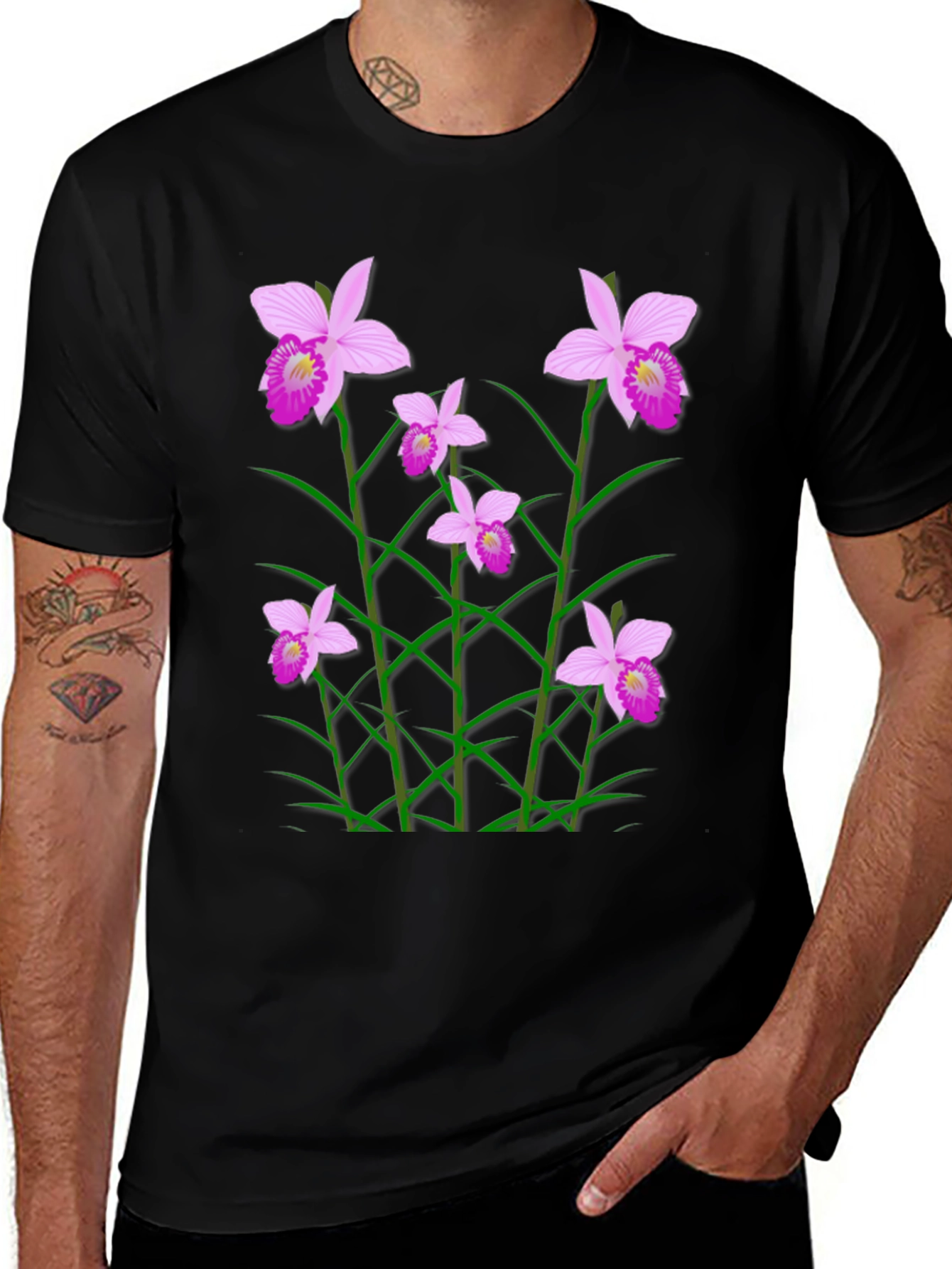 Variant 27 of Floral Graphic Tee - Casual Black T-Shirt with Pink Orchids