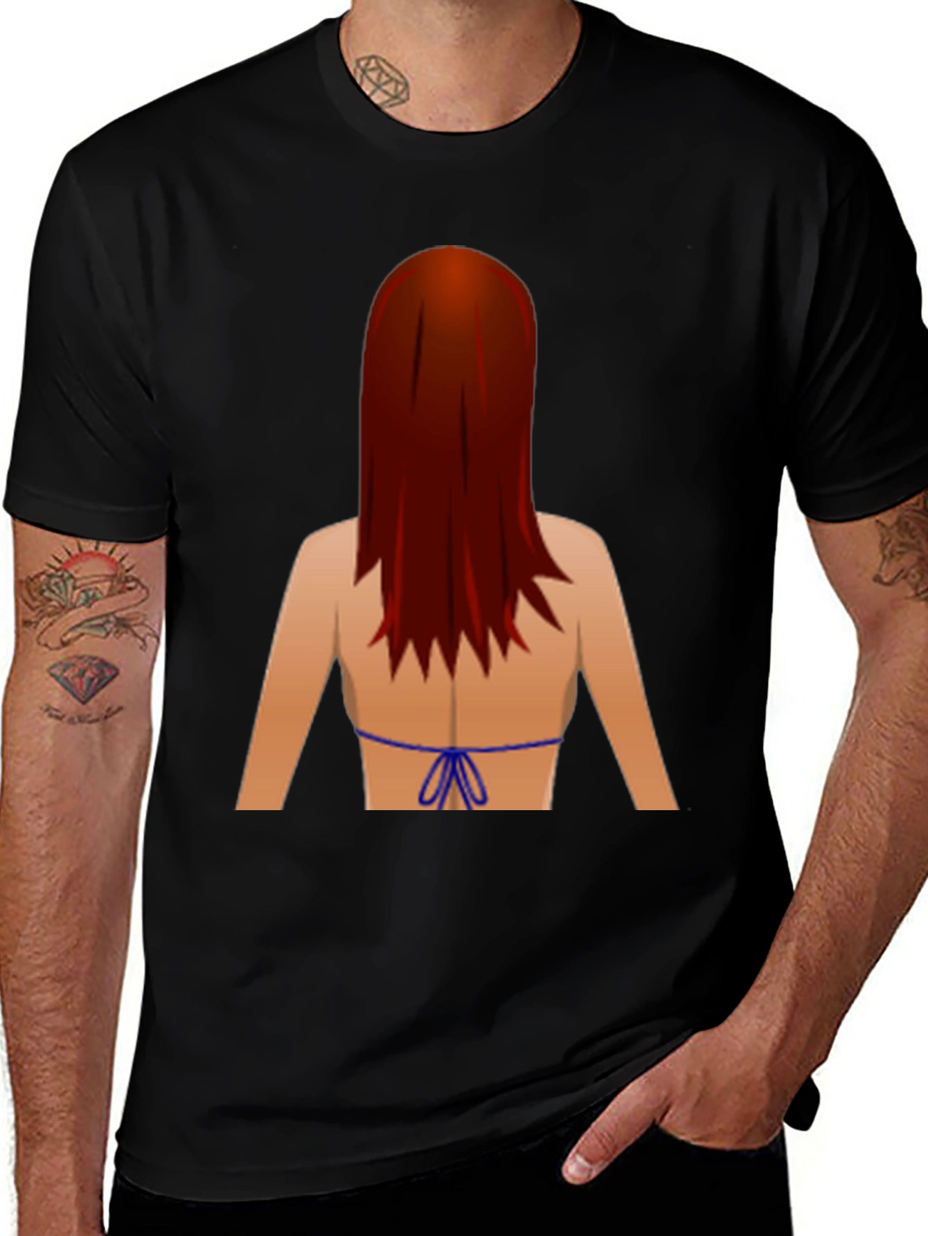 Variant 20 of Novelty Graphic T-Shirt: Back View Bikini Redhead