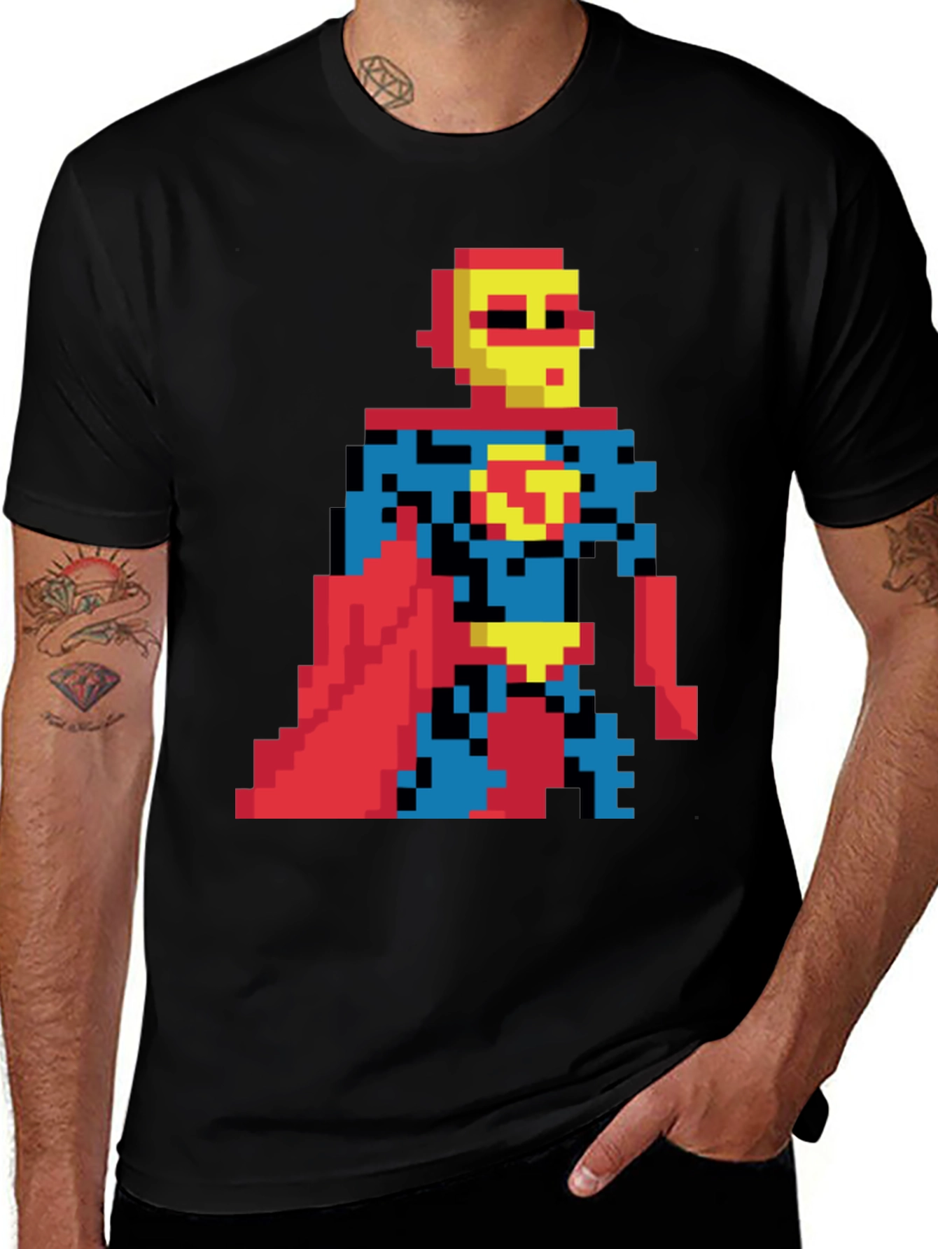 Retro Pixel Superhero Graphic Tee - Black