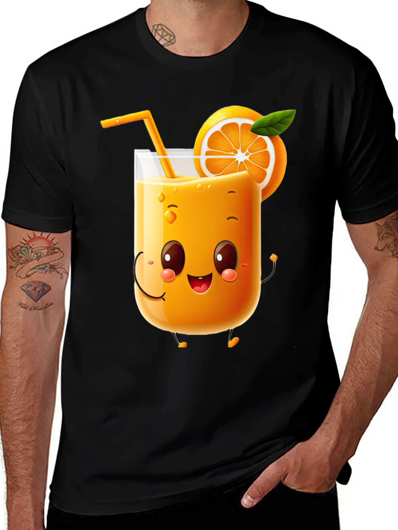 Fun Orange Juice Cartoon Black T-Shirt