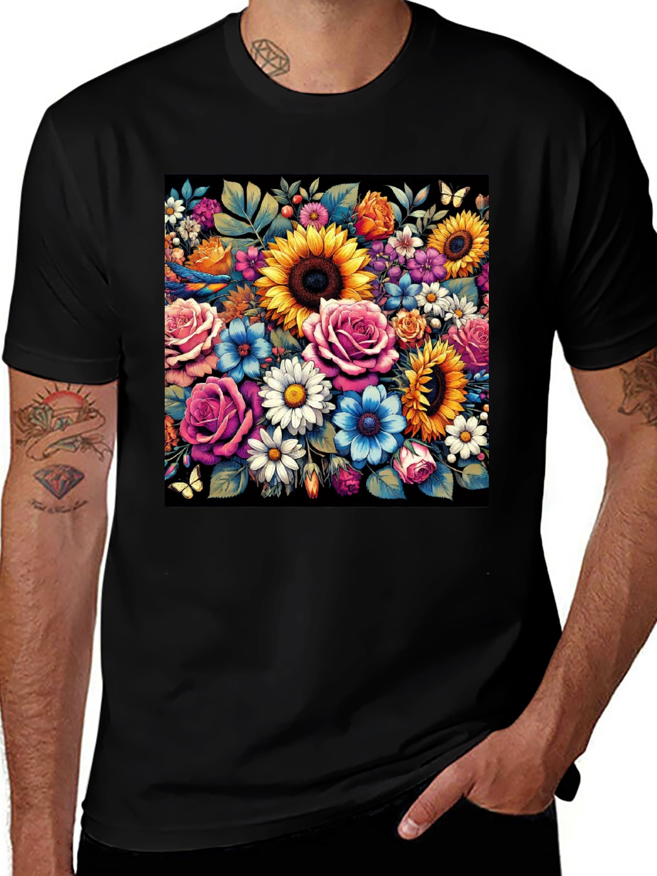 Variant 19 of Floral Print Black T-Shirt - Vibrant Botanical Design