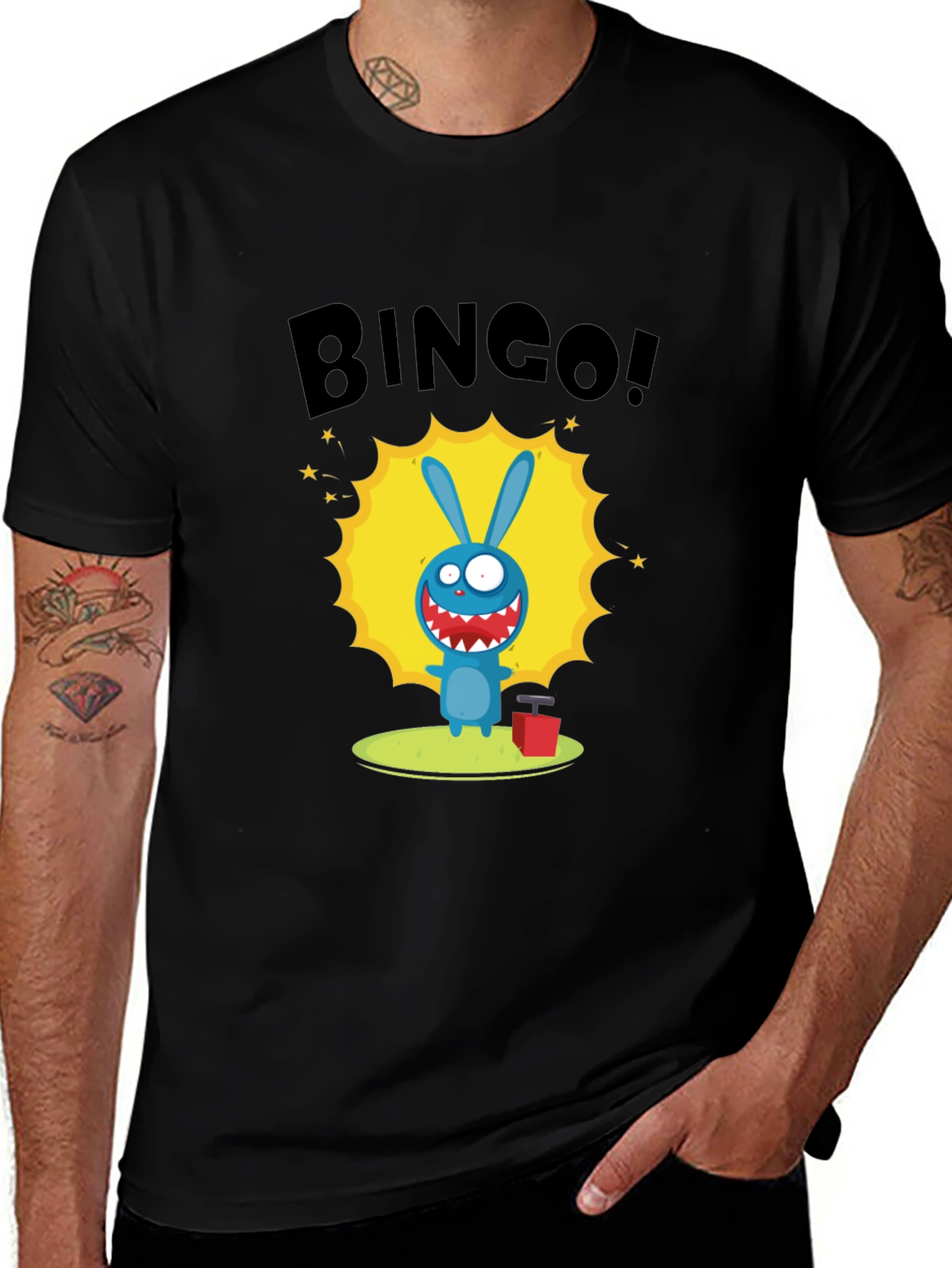 Variant 2 of Bingo! Cartoon Bunny Graphic Print Black T-Shirt