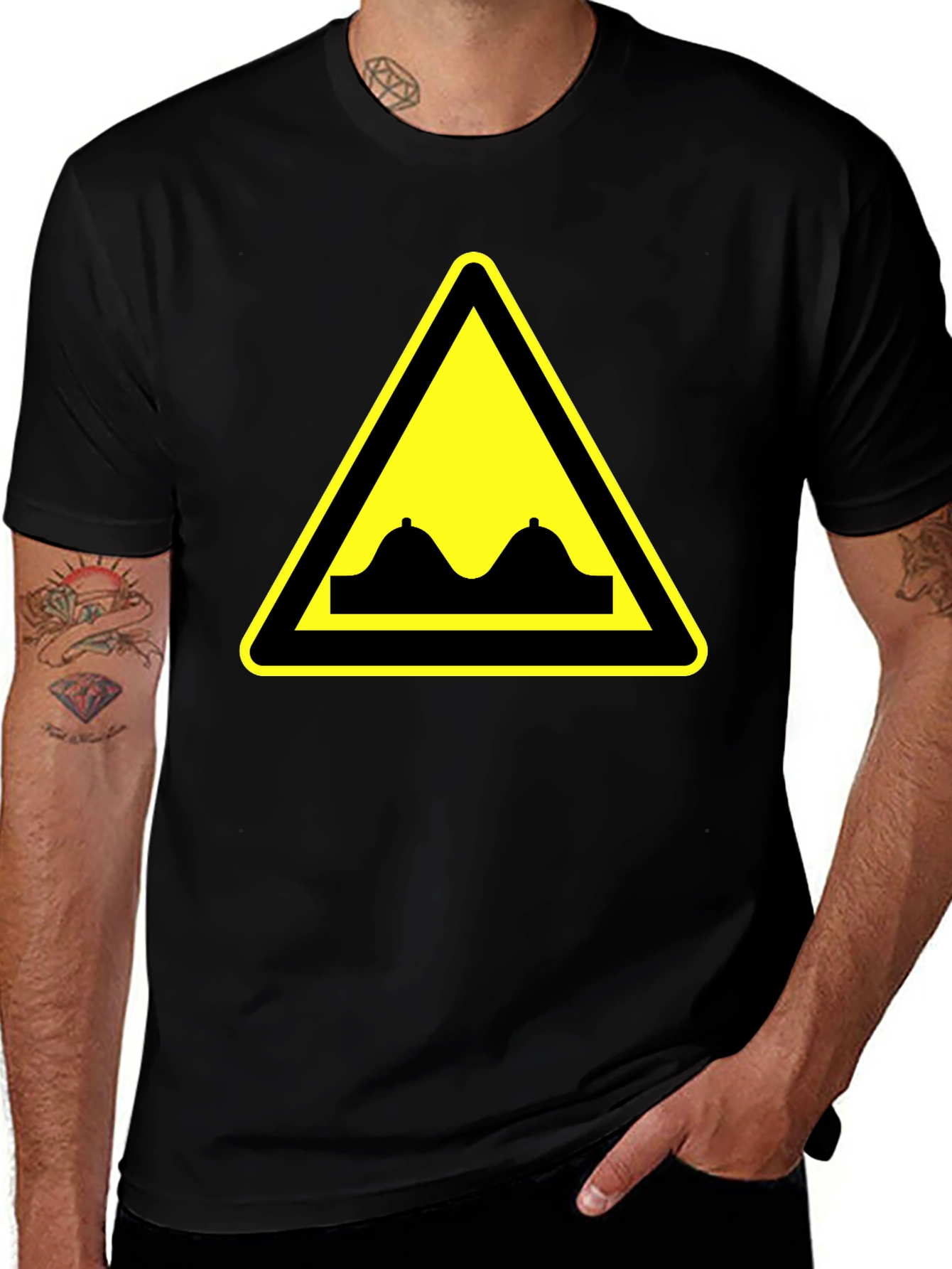 Variant 9 of Funny Boobs Warning Sign T-Shirt - Black Cotton Tee
