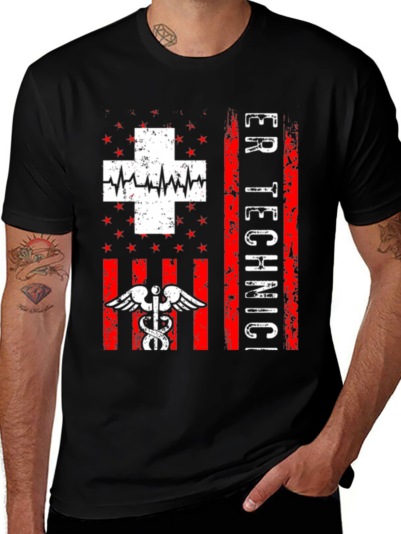 ER Technician T-Shirt - Distressed American Flag Design