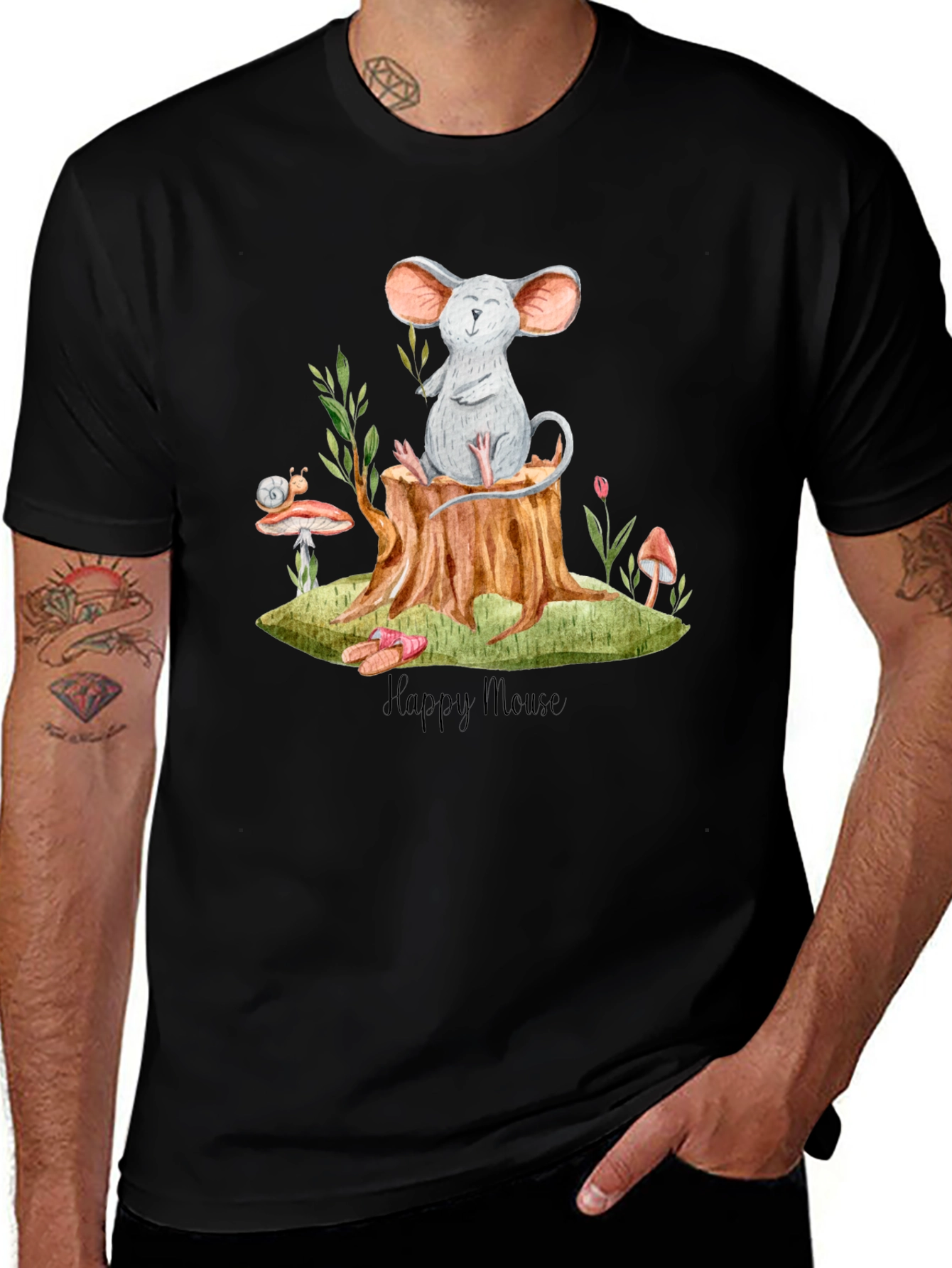 Variant 13 of Happy Mouse Graphic Tee - Black Cotton T-Shirt