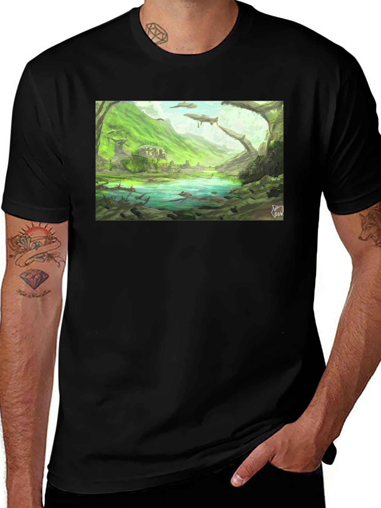 Variant 20 of Fantasy Landscape Graphic Tee - Black Cotton