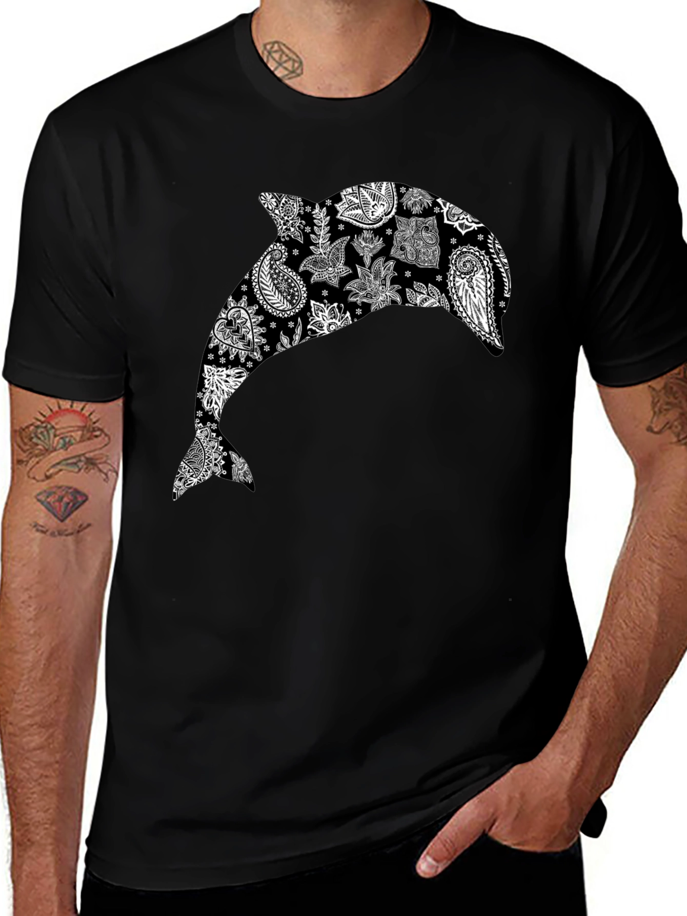 Variant 18 of Paisley Dolphin Graphic Tee - Stylish Black T-Shirt