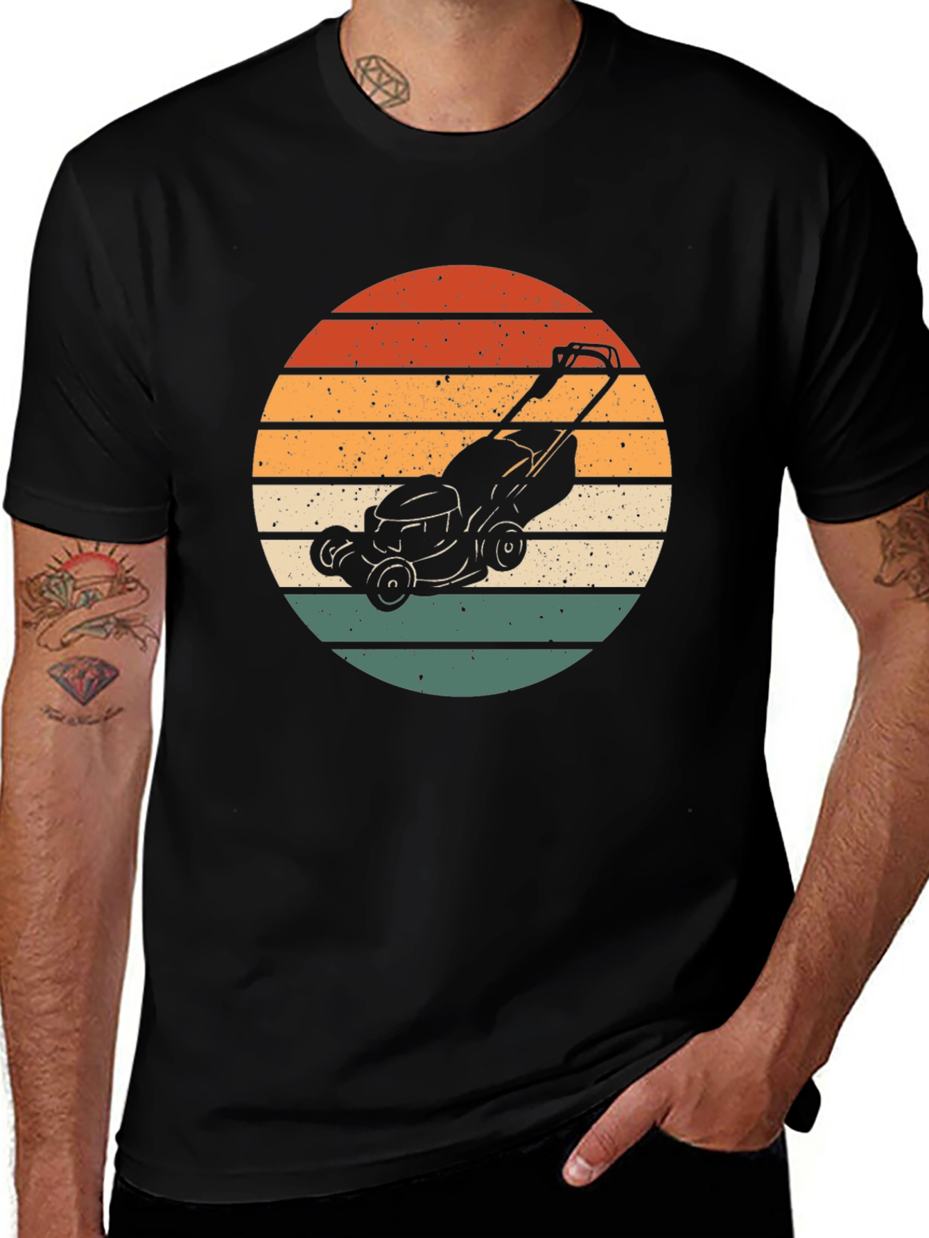 Variant 11 of Retro Lawn Mower Sunset Graphic Tee - Black