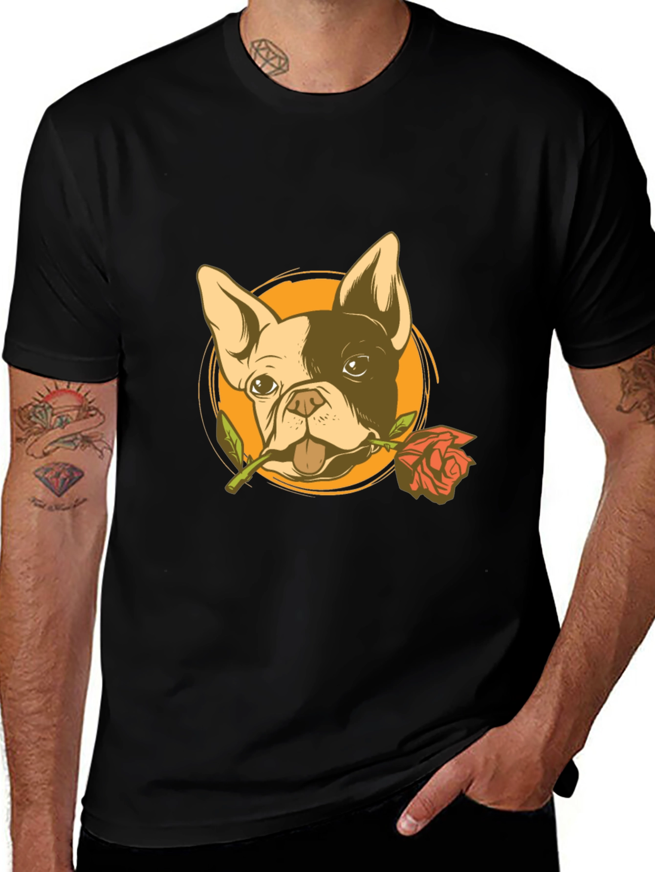 Variant 4 of Dog with Rose Graphic Tee - Black