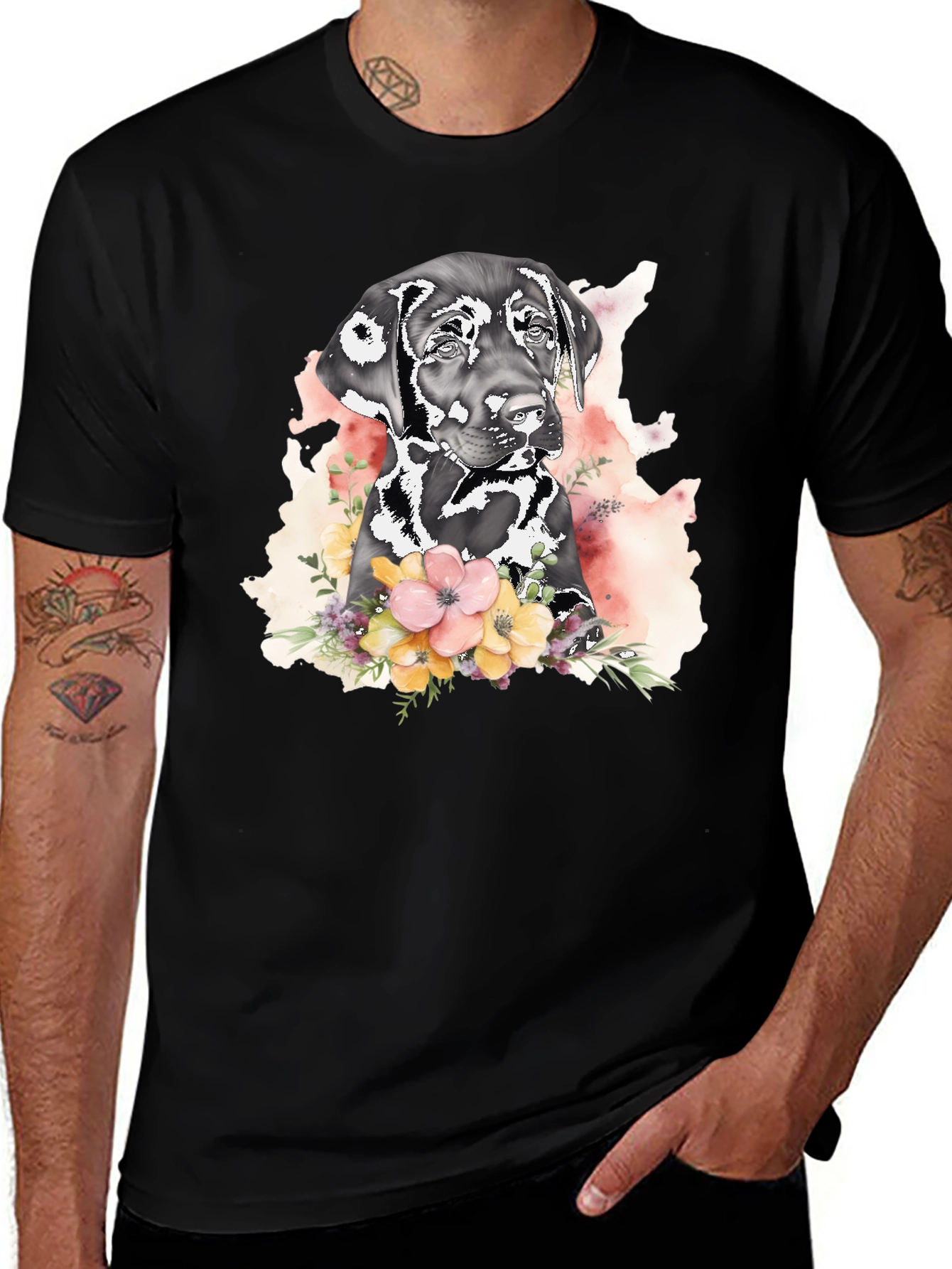 Variant 10 of Dog Floral Watercolor Black T-Shirt
