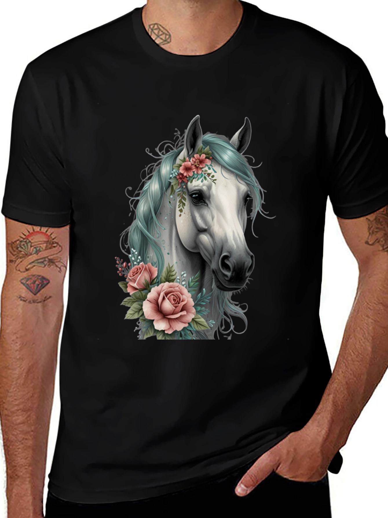 Variant 23 of Floral Horse Graphic Tee - Black Cotton T-Shirt