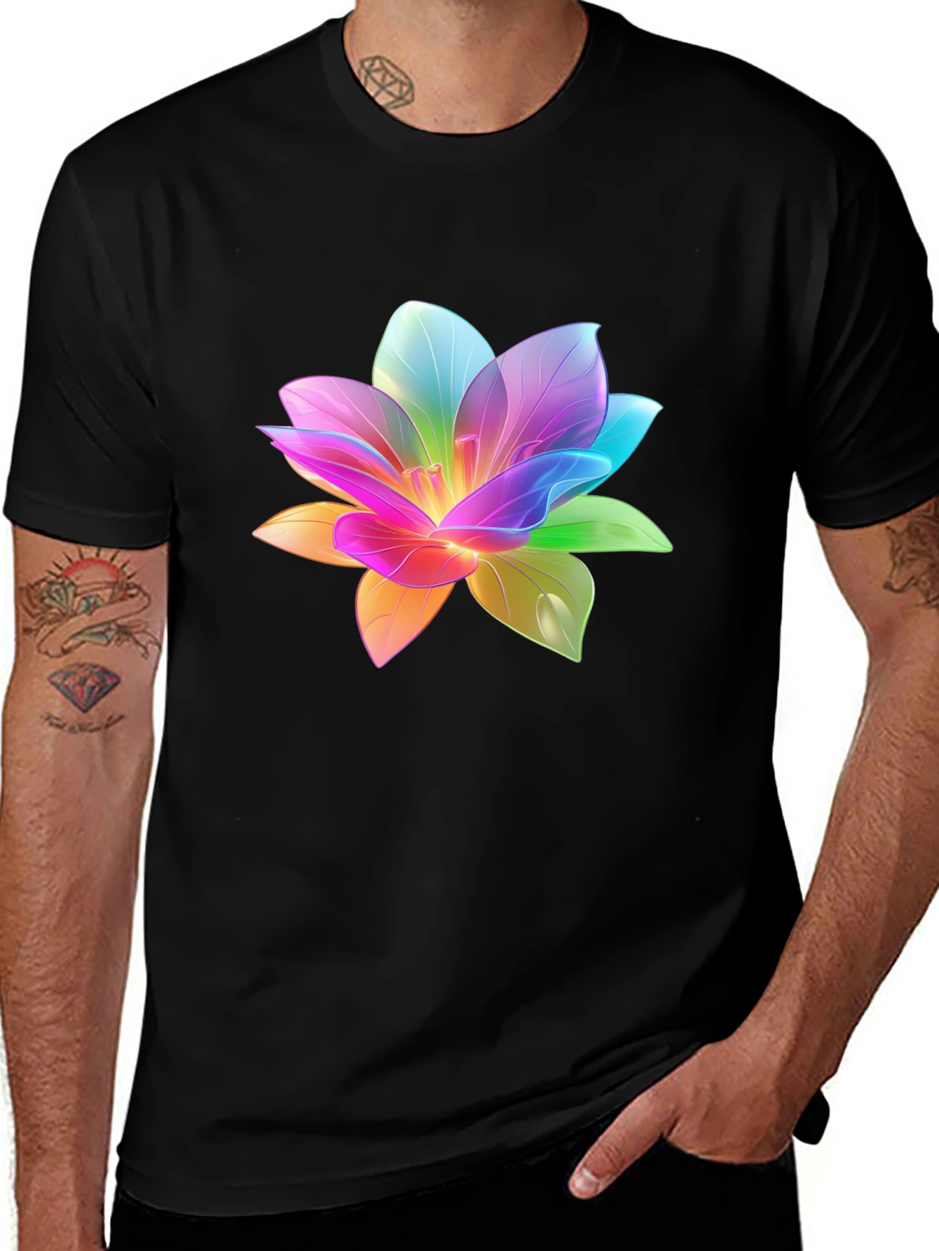 Variant 13 of Rainbow Flower Graphic Tee - Black Cotton T-Shirt