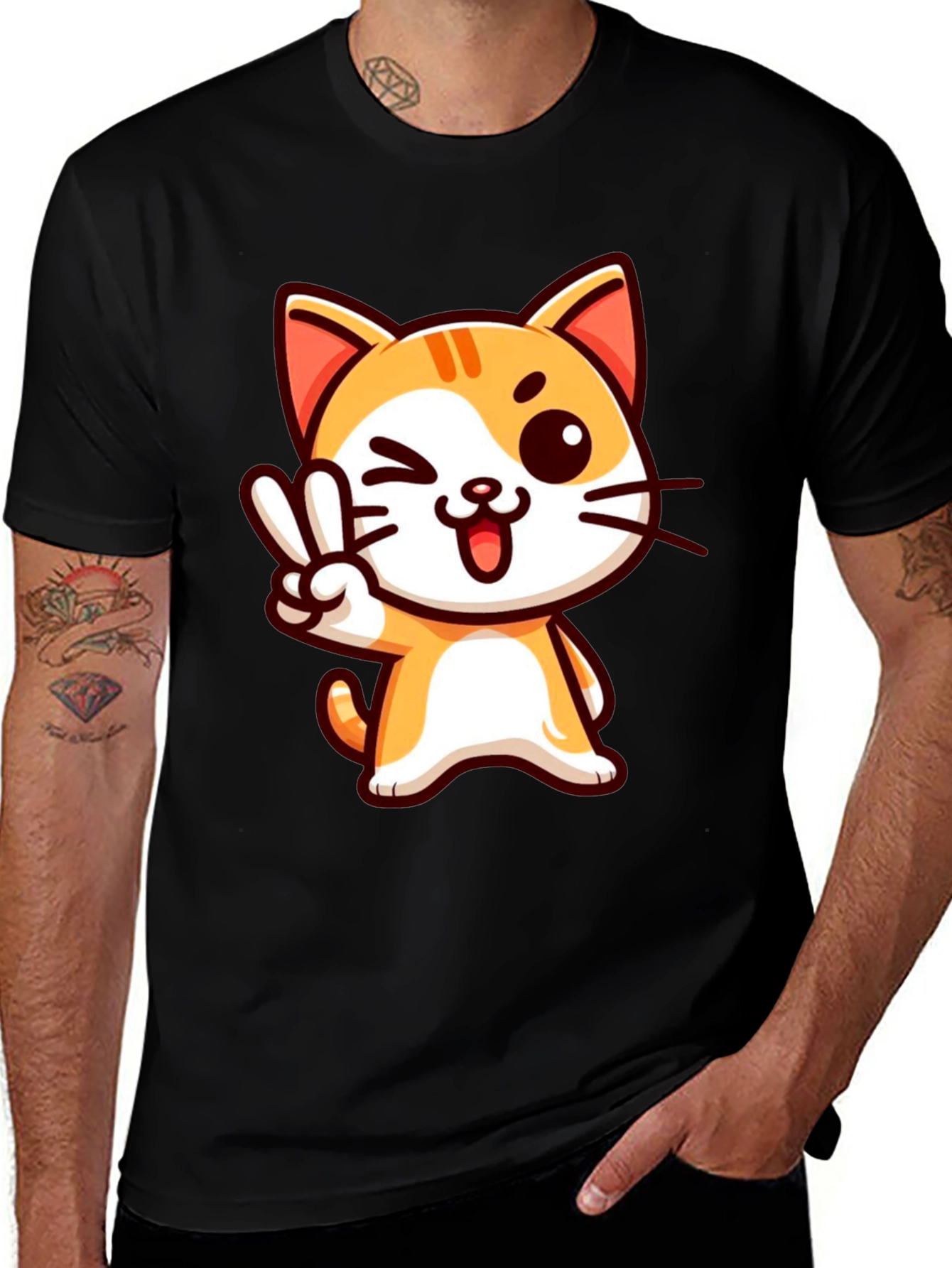 Variant 6 of Winking Cat Peace Sign Graphic Tee