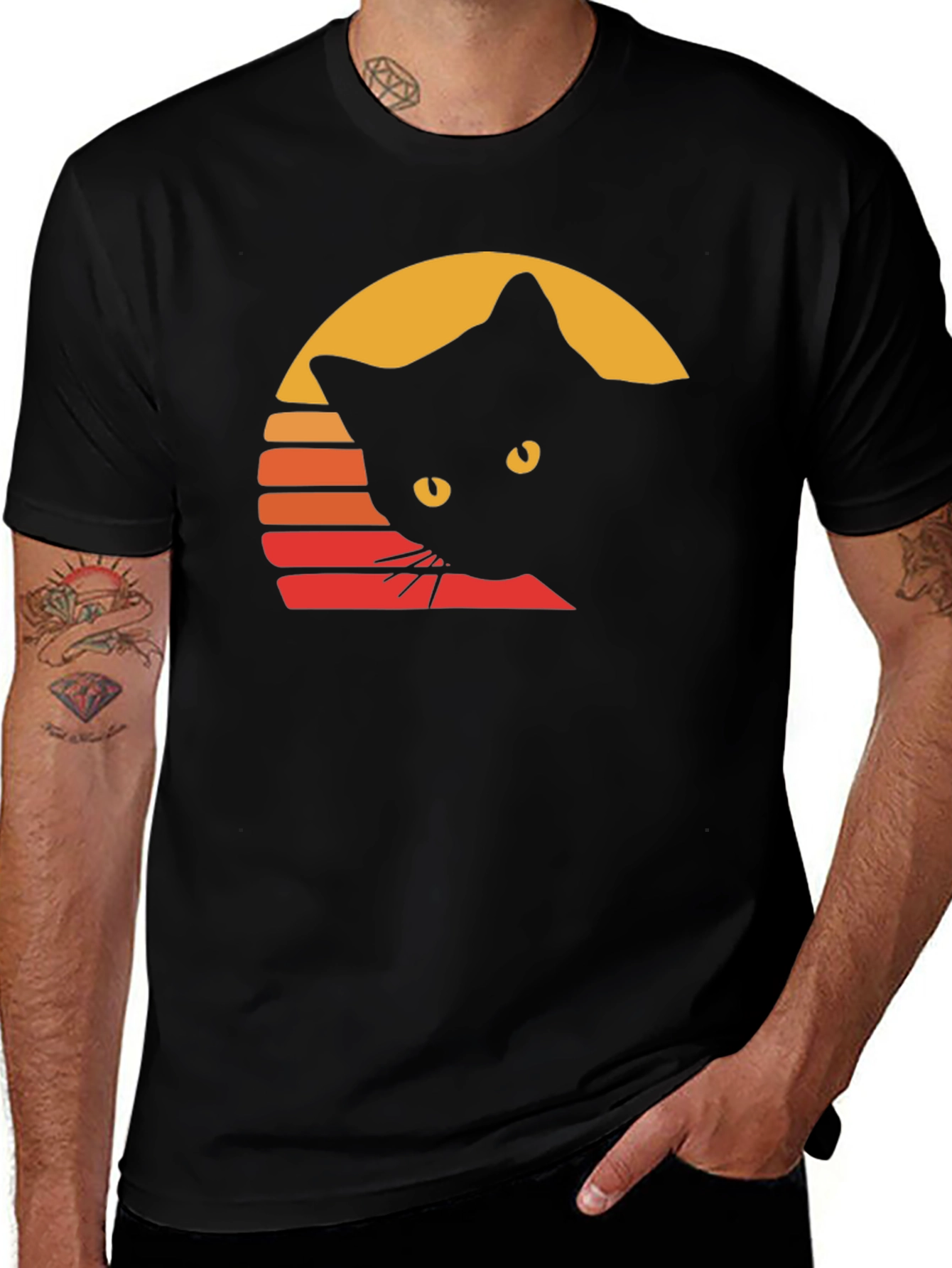 Variant 7 of Retro Cat Sunset T-Shirt - Unique Black Cat Design