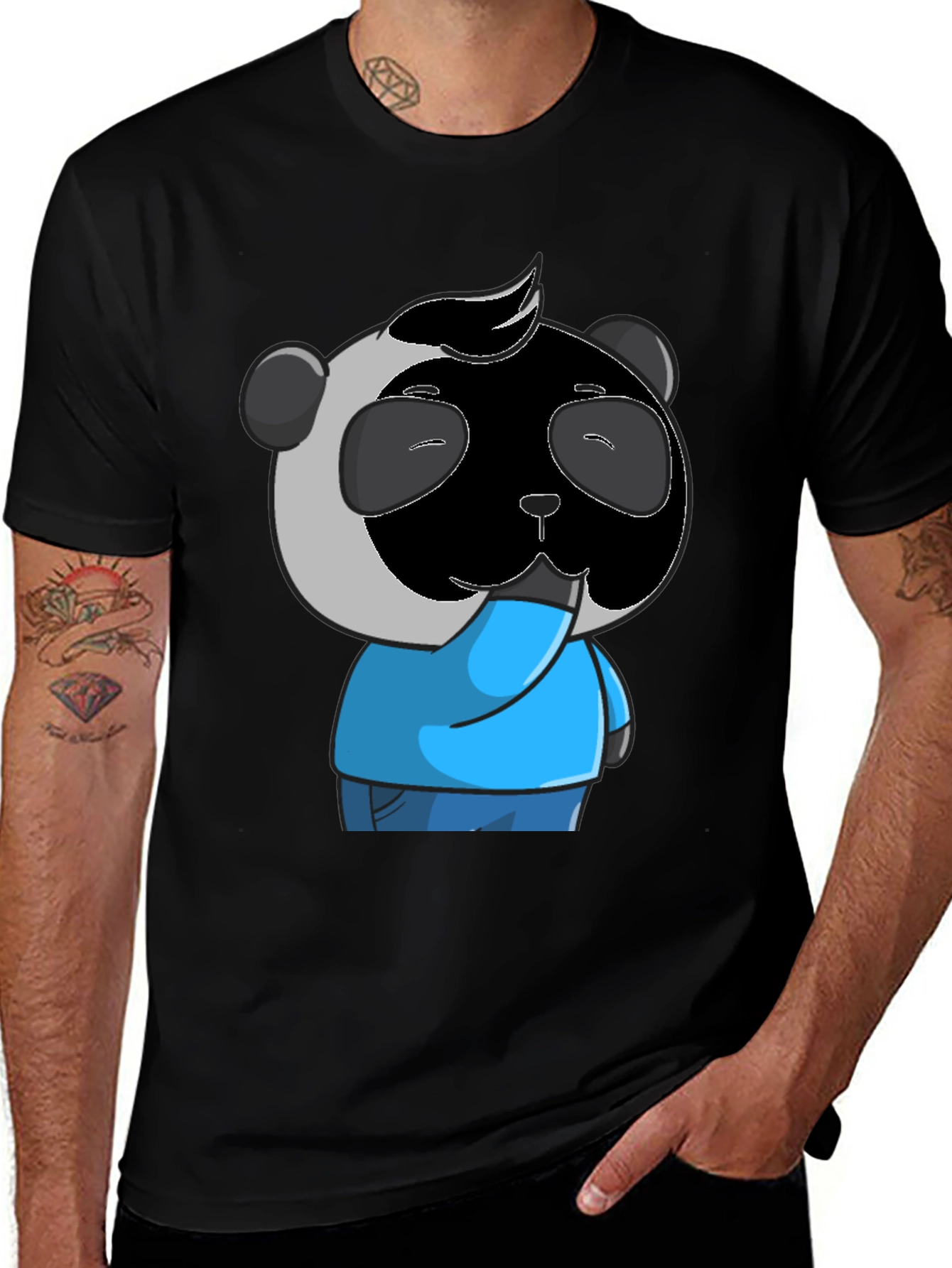 Panda Cartoon Graphic Tee - Black