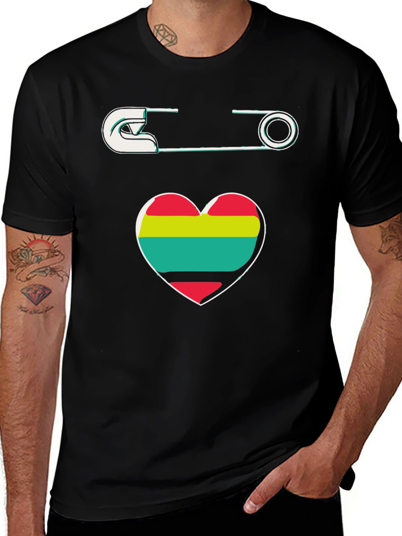 Variant 25 of Safety Pin & Heart Graphic Black T-Shirt