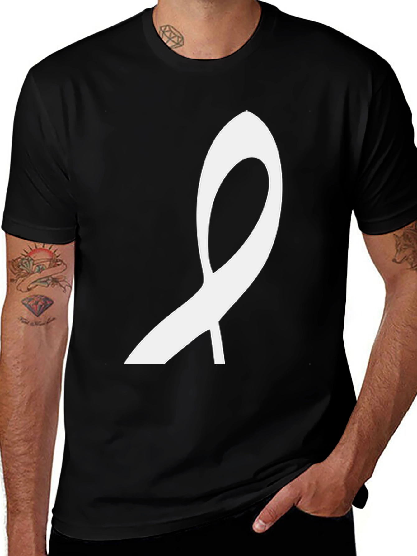 Modern White Ribbon Graphic Black T-Shirt