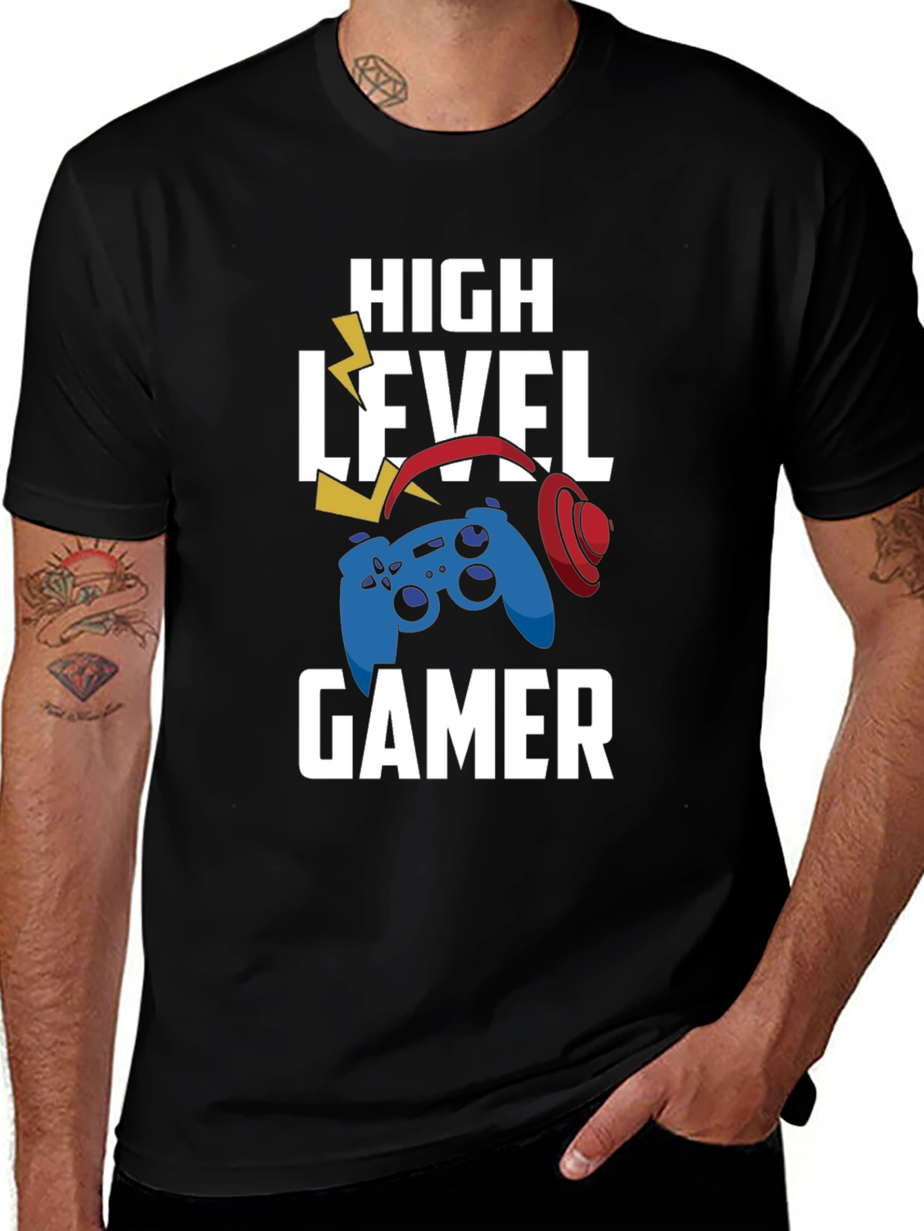 Variant 24 of High Level Gamer Black T-Shirt - Controller & Headset Design
