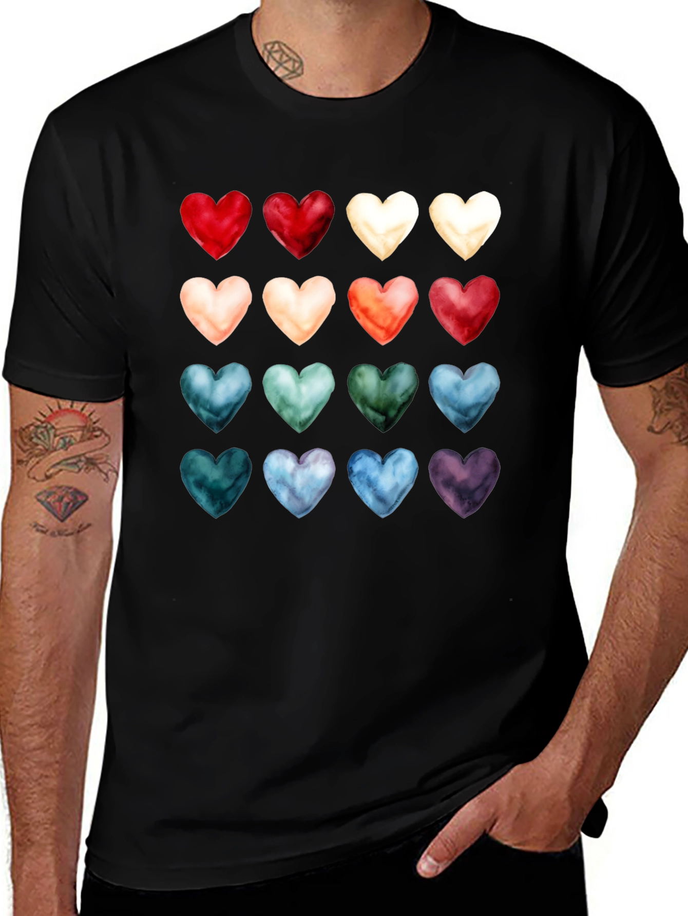 Variant 20 of Watercolor Hearts Print Black T-Shirt