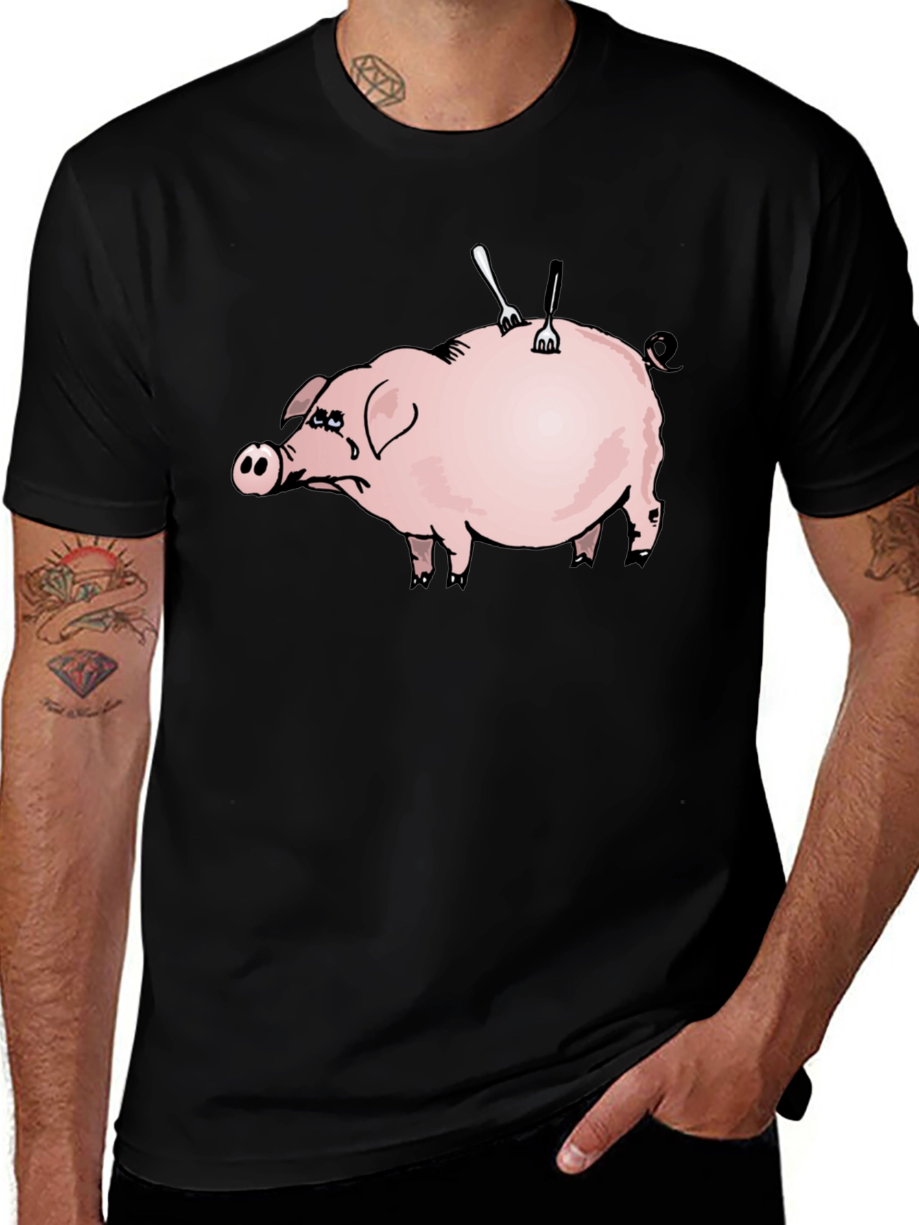 Variant 23 of Sad Pig T-Shirt - Forks In Back Design