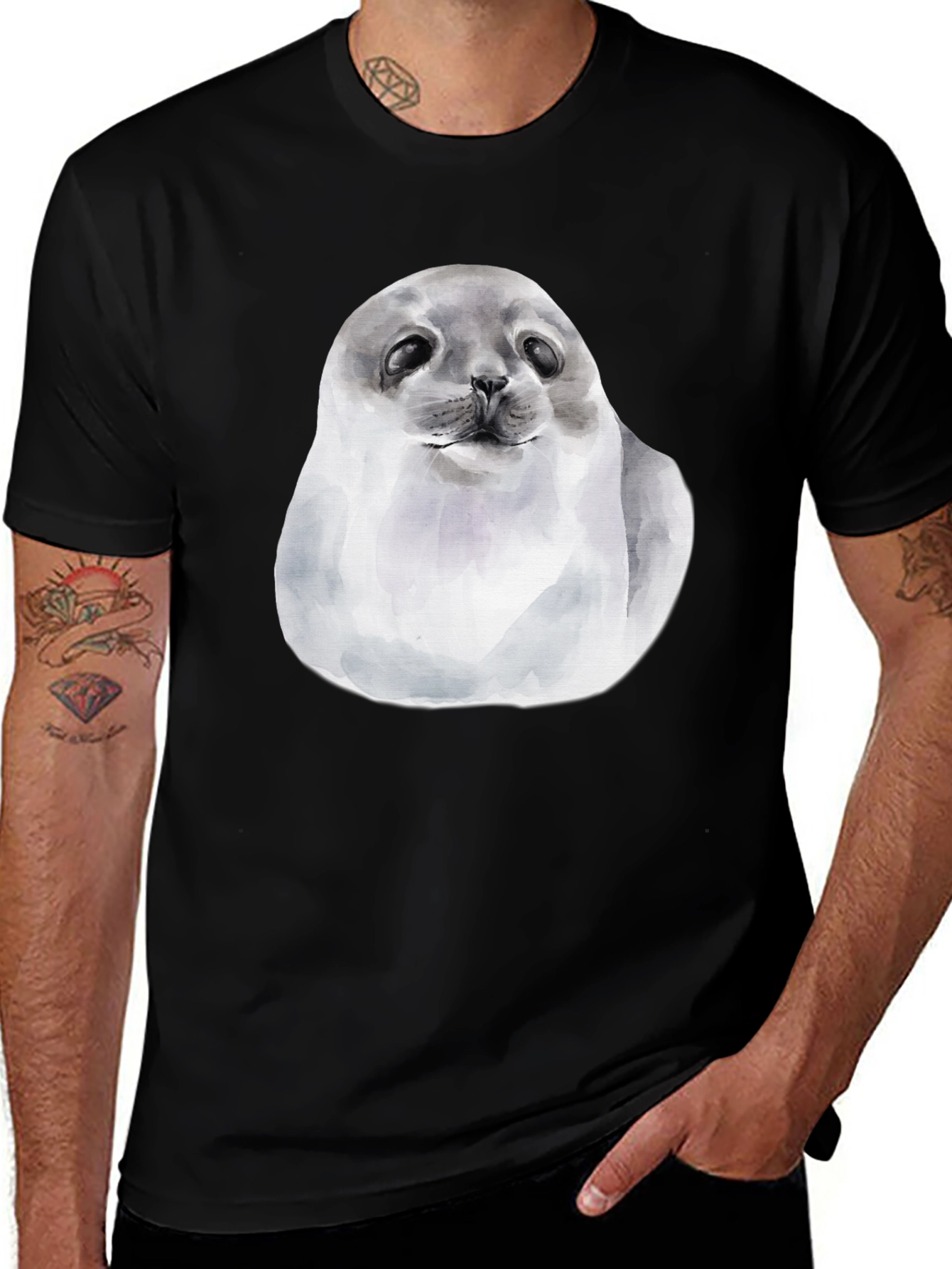 Variant 4 of Cute Seal Graphic T-Shirt - Black Cotton Tee