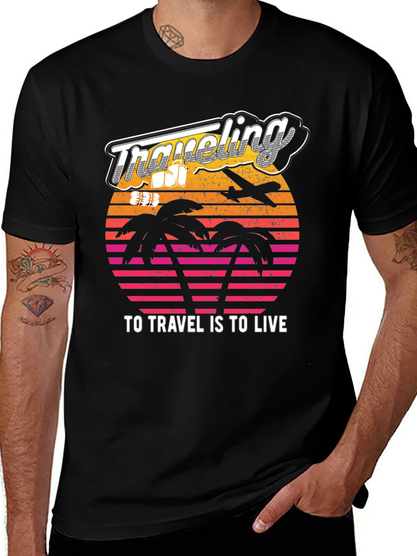 Variant 15 of Traveling Is Living Graphic Tee - Retro Palm Sunset