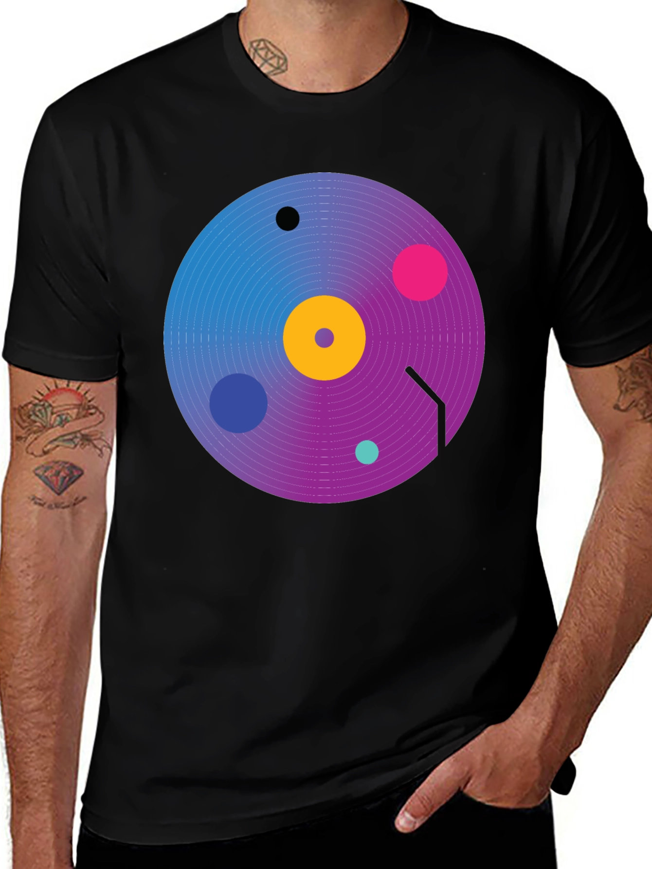 Retro Vinyl Record Graphic Tee - Black