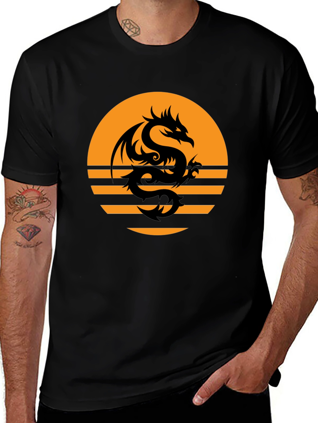 Variant 10 of Dragon Sunset Graphic Tee - Black Cotton Blend