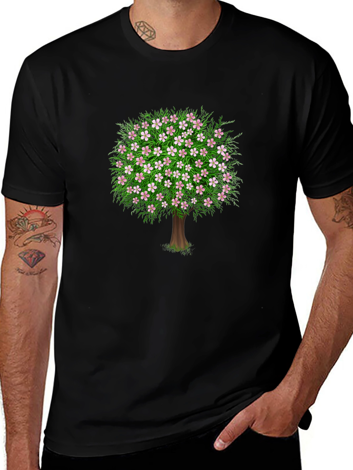 Floral Tree Graphic Tee - Nature Inspired Black T-Shirt