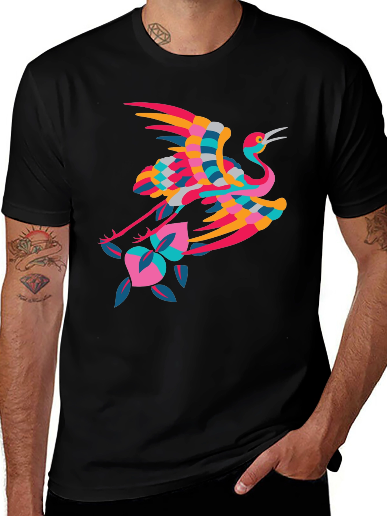 Stylish Crane Graphic Black T-Shirt