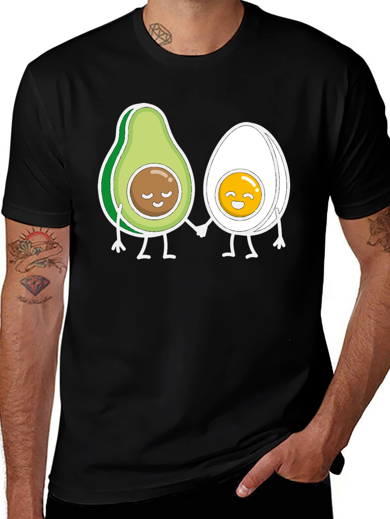 Variant 15 of Avocado and Egg Cartoon Graphic T-Shirt - Black Cotton Blend