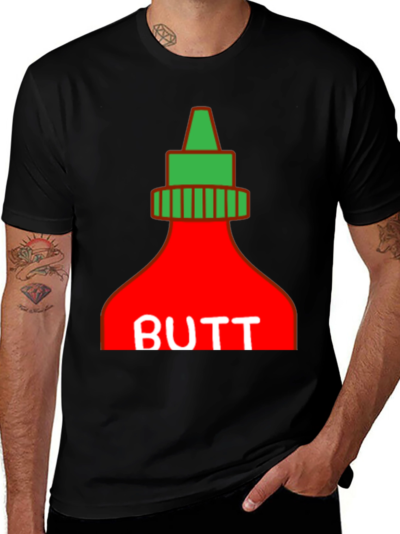 Humorous "BUTT" Sriracha Graphic T-Shirt - Black