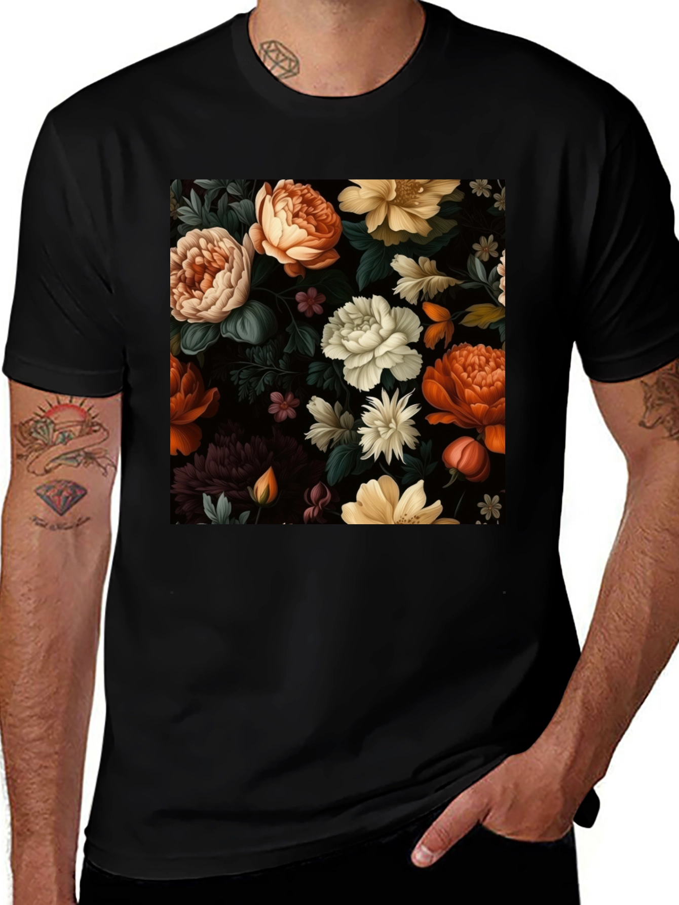 Variant 13 of Floral Print Black T-Shirt