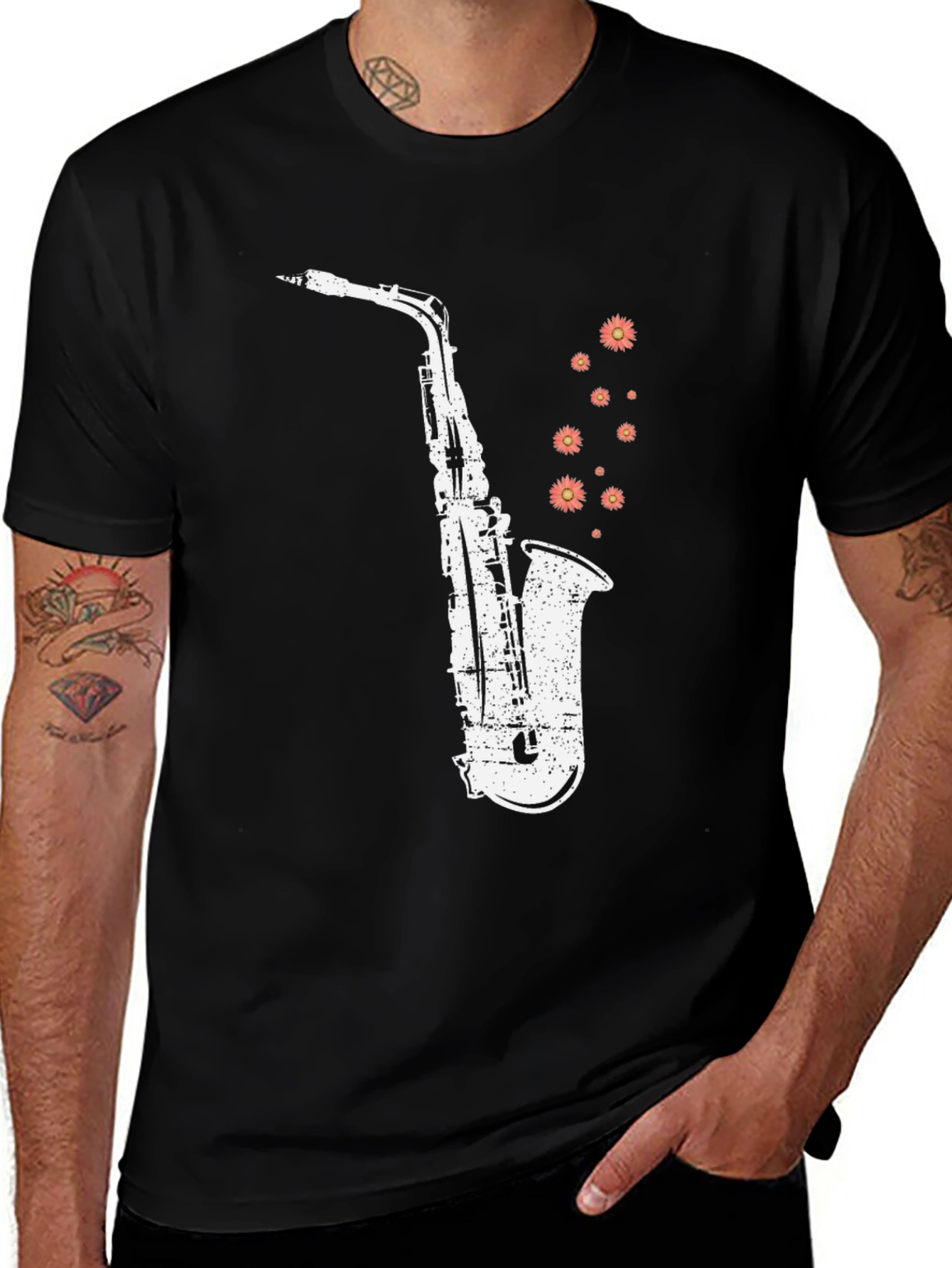 Variant 10 of Saxophone Floral Print Black Cotton T-Shirt