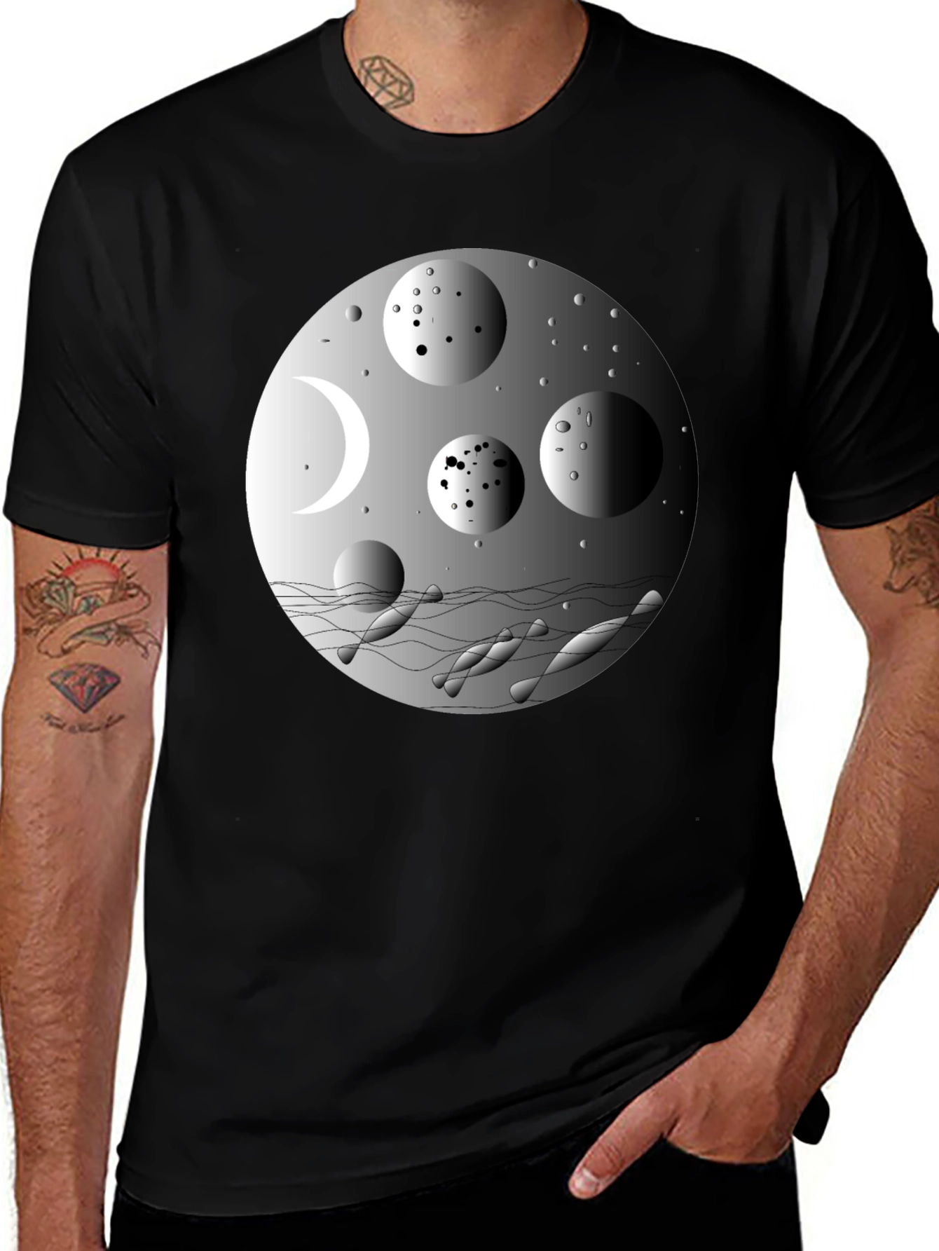 Variant 11 of Abstract Moon Phases Graphic Tee - Black Cotton Blend