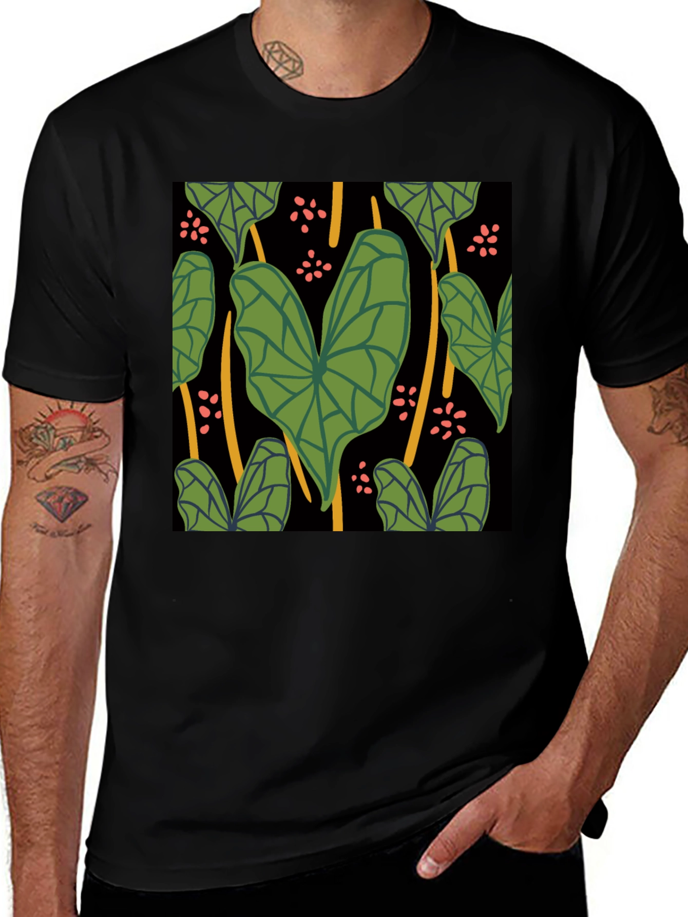 Variant 26 of Tropical Leaf Print Black T-Shirt